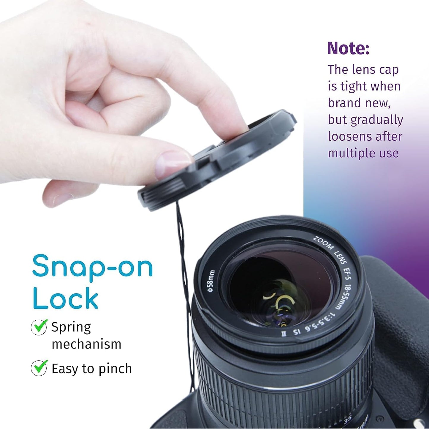 CamDesign 58MM Snap-On Front Lens Cap Cover Compatible with Canon, Nikon, Sony, Pentax All DSLR Lenses Black