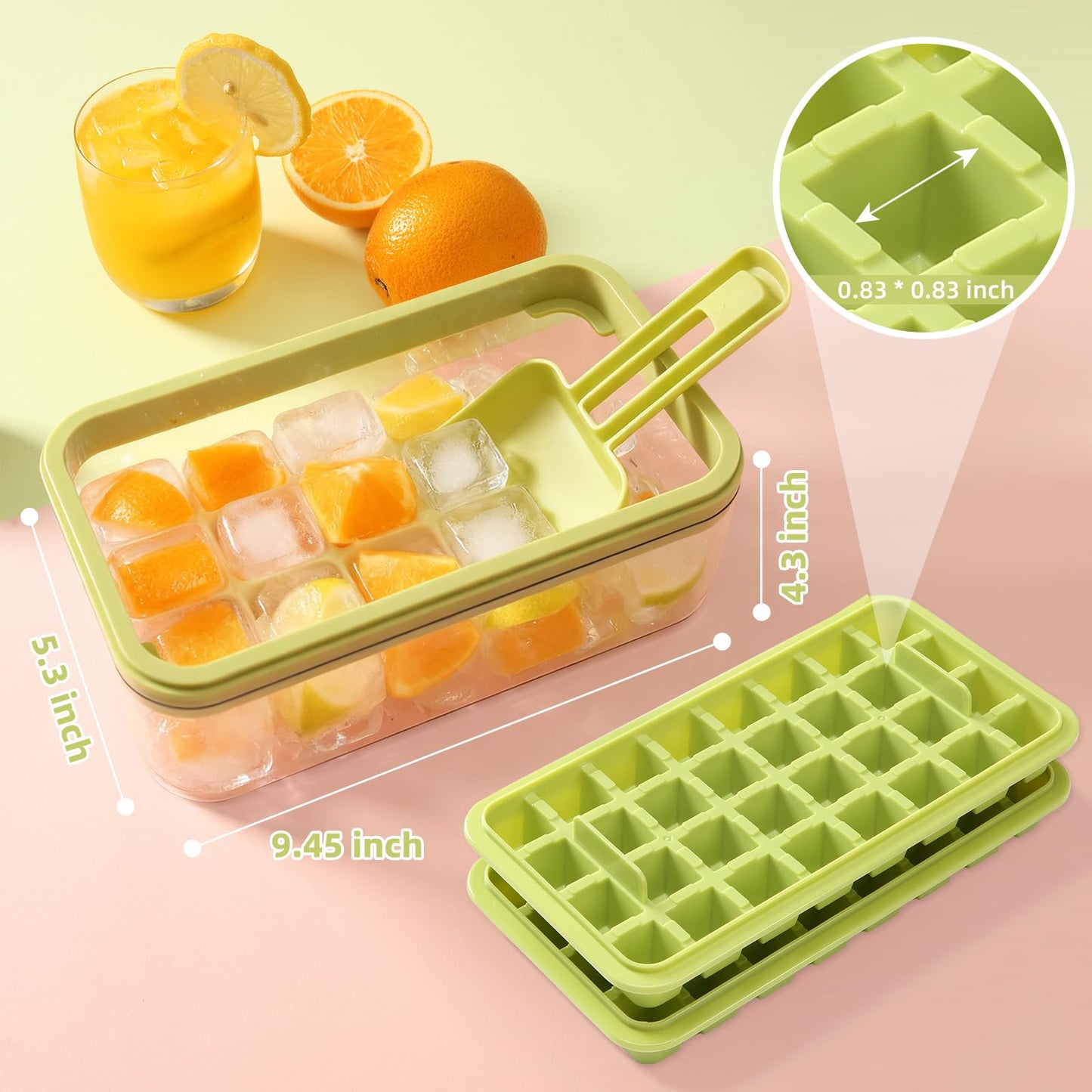 EuChoiz Ice Cube Tray with Lid Press Easy Release, Scoop and Bin Ice Trays for Freezer, Making 64 pcs Ice Cubes for Chilling Cocktail Whiskey Coffee Include 2 Trays and Storage Container, BPA Free