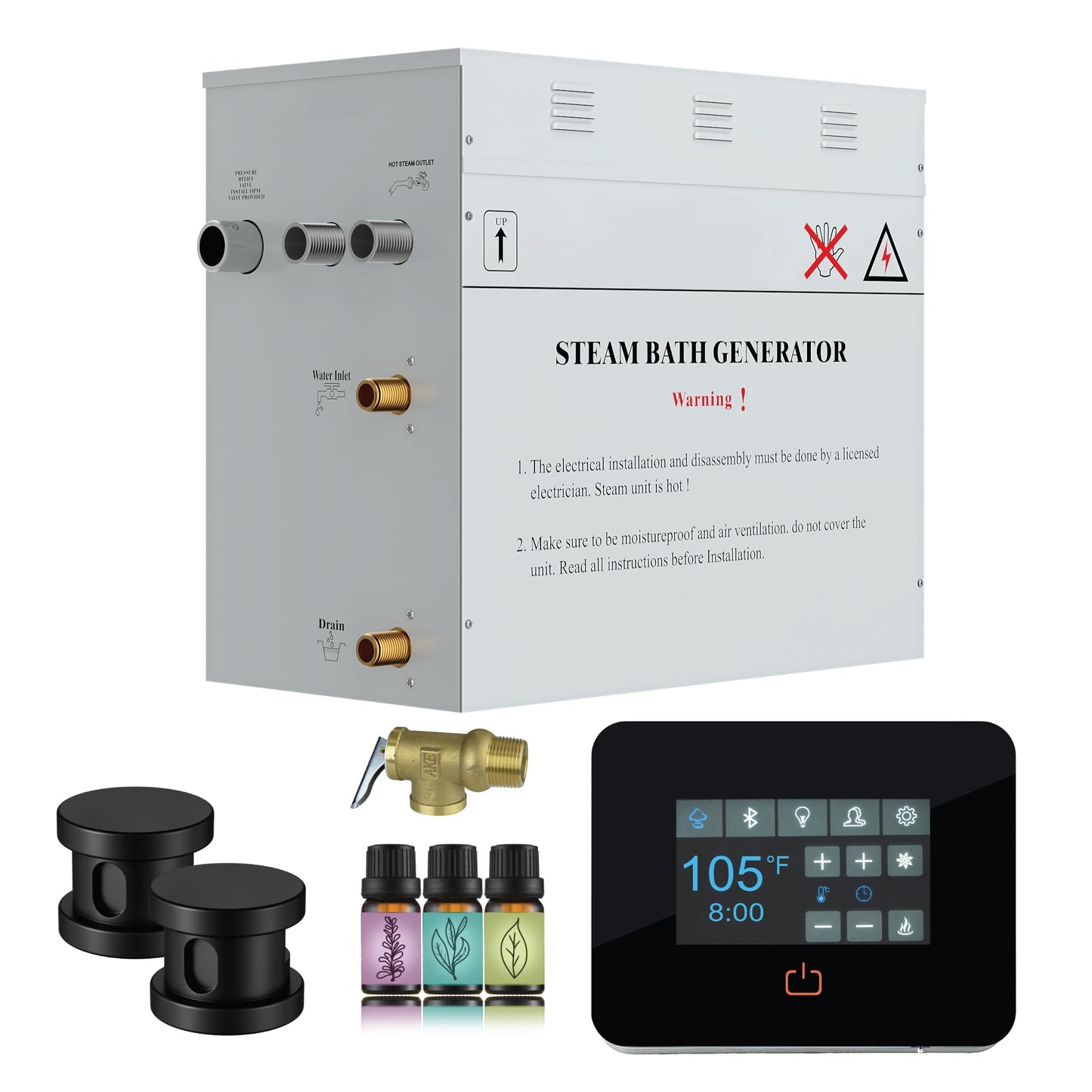SaunaSpa Builders Series 10.5kW Steam Bath Generator with Quickstart Continuous Steam, Black Digital Touch Pad, Built-in Auto-Drain, and Aroma Steamhead in Matte Black