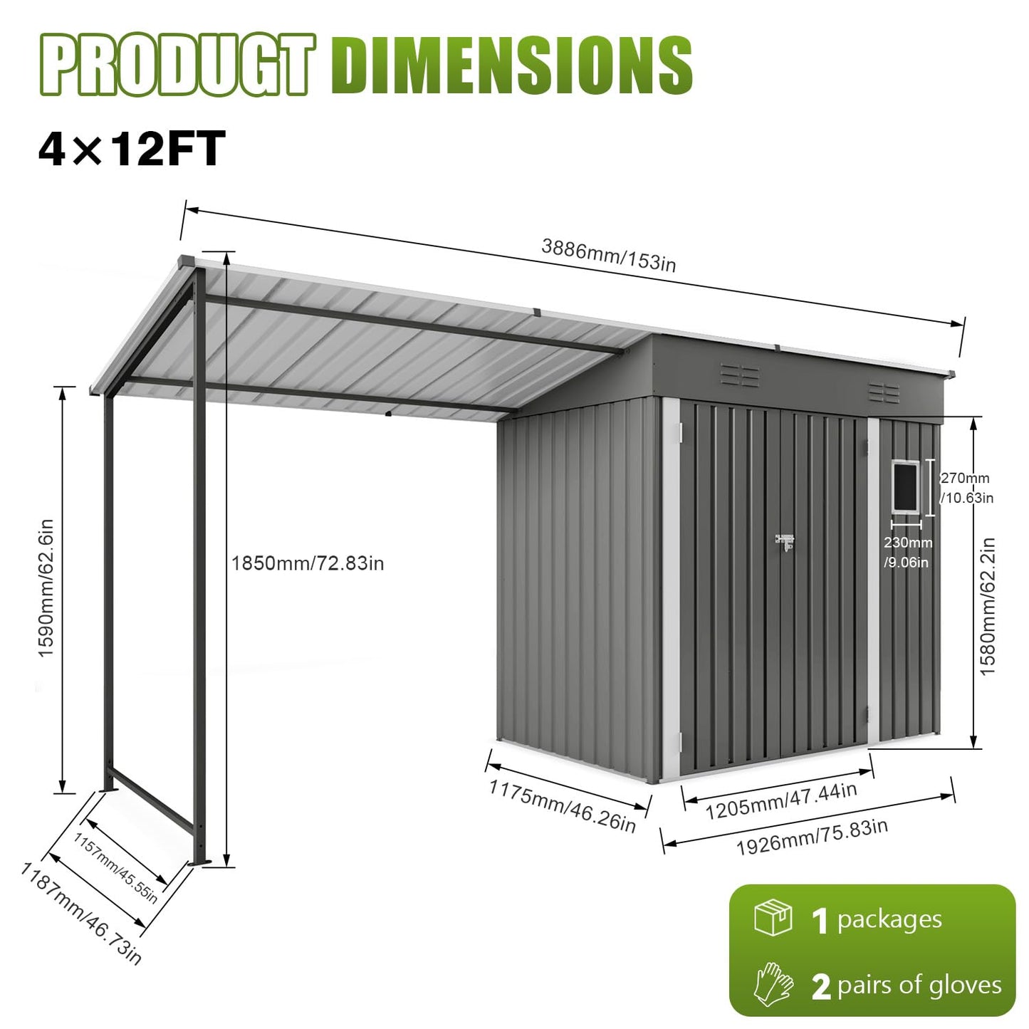 6x4 FT Outdoor Storage Shed & Gazebo Combo, Lean to Metal Tool Shed with Open Pergola for Backyard, Patio, Lawn (Gray)