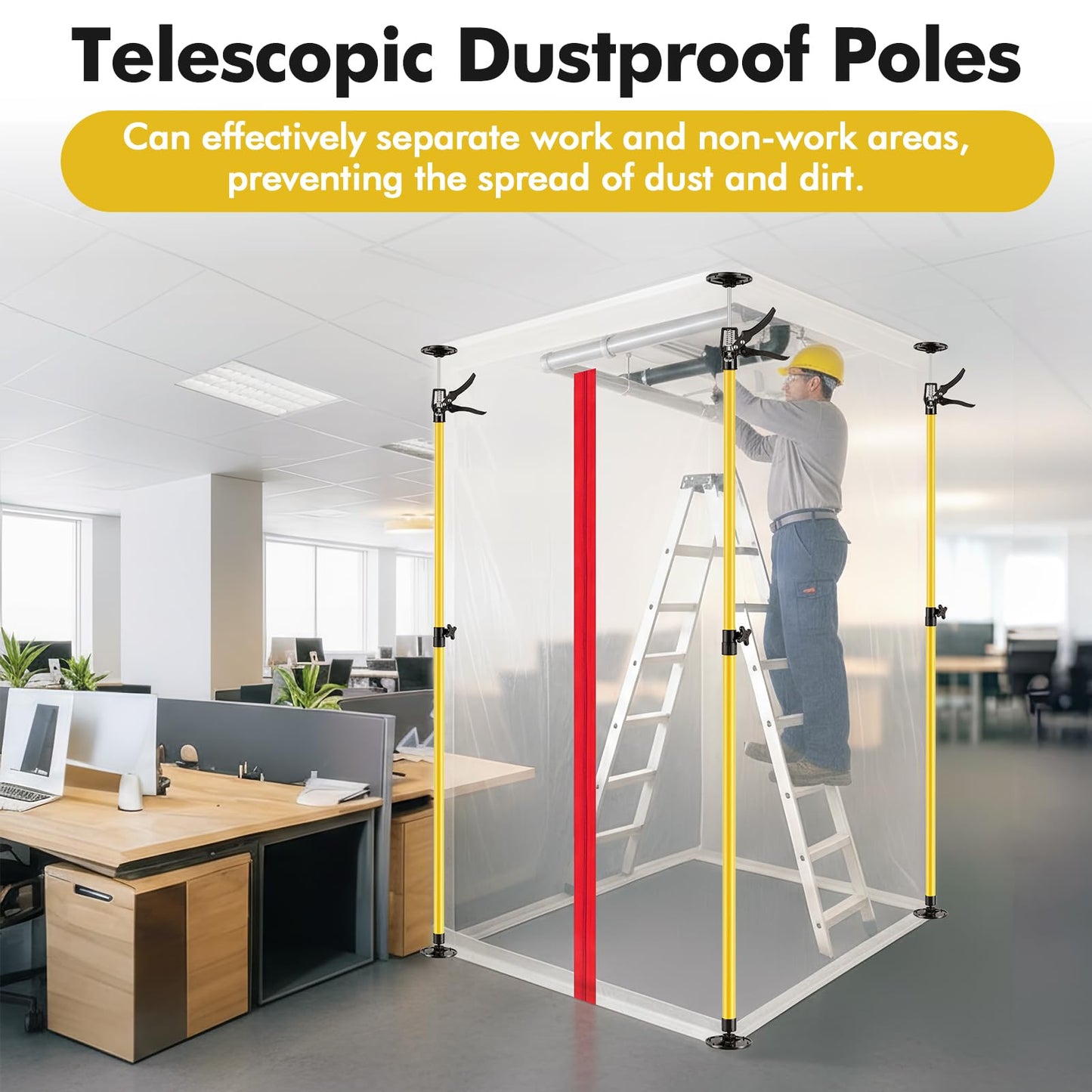 4PK Dust Barrier Poles,10FT Dust Barrier Poles Kit,Adjustable Dust Containment Pole with 2 Heavy-Duty Zippers Spring Retractable Wall Poles for Renovation & Construction Renovation-Yellow