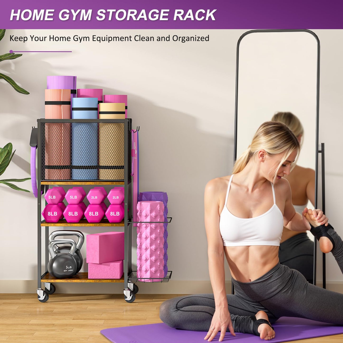 3 Tier Dumbbell Rack, Yoga Mat Storage Holder, Home Gym Storage Rack, Workout Equipment Storage Organizer, Weight Storage Holder Rack with Hooks and Wheels