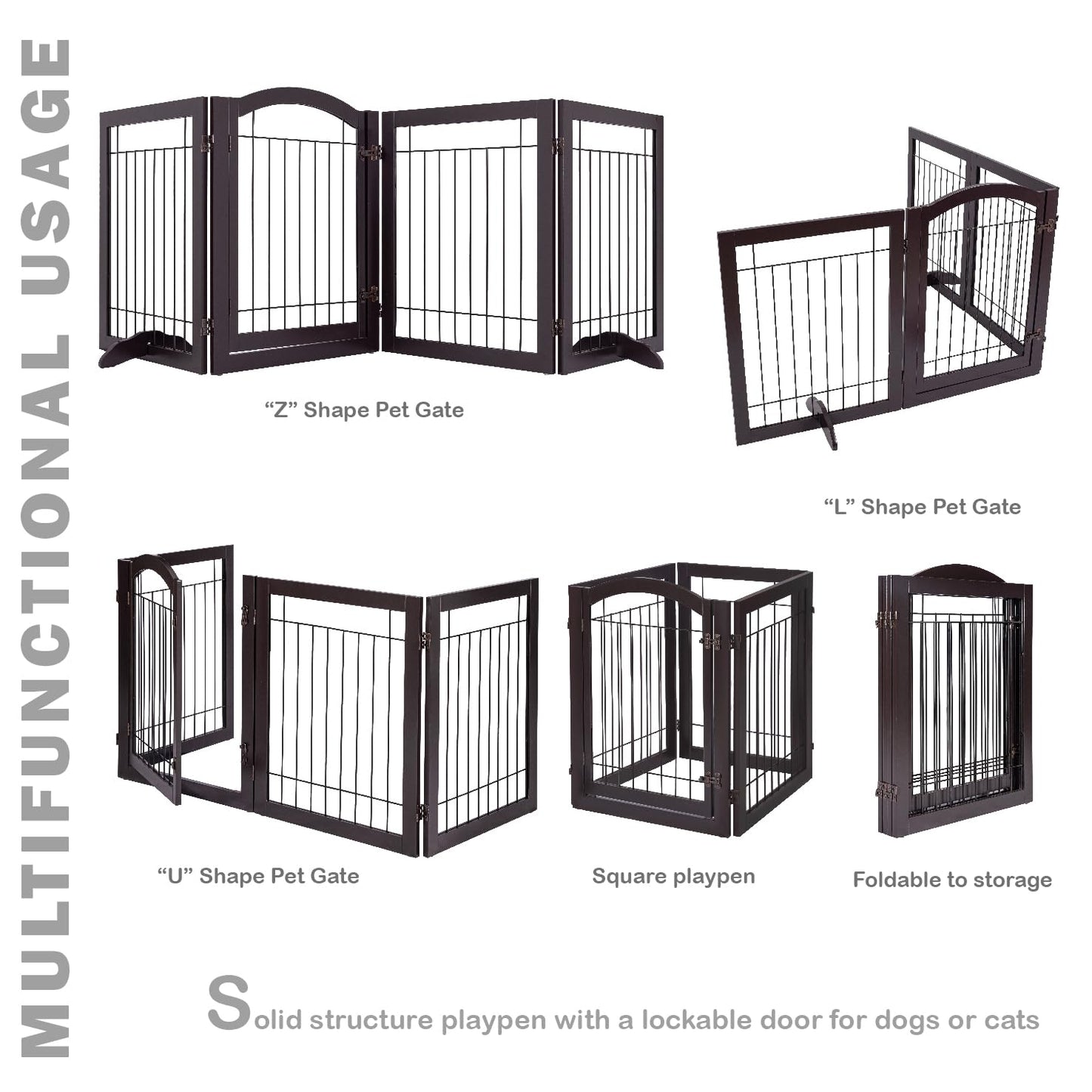 SPIRICH 96-inch Extra Wide 30-inches Tall Dog Gate with Door Walk Through, Freestanding Wire Pet Gate for The House, Doorway, Stairs, Pet Puppy Safety Fence, Support Feet Included(Espresso)