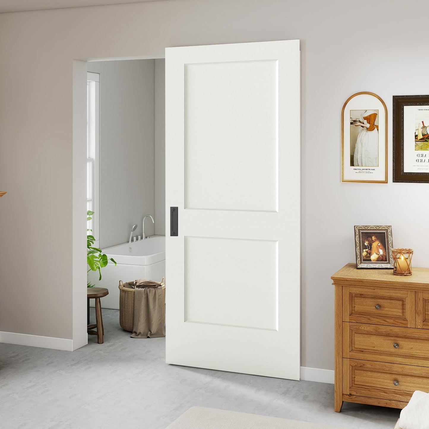 BarnSmith 36"x84" Concealed Sliding Barn Door, 2 Panel White Primed Solid Core Hidden Barn Door with Soft Close Installation Hardware and Double Sided Pulls Included, Pre-Assembled Panel