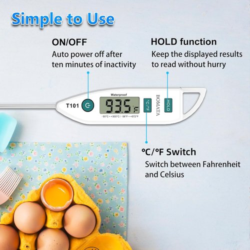 BOMATA Instant Read Waterproof IPX7 Food Thermometer - Long Probe for Cooking, Meat & BBQ | T101 White