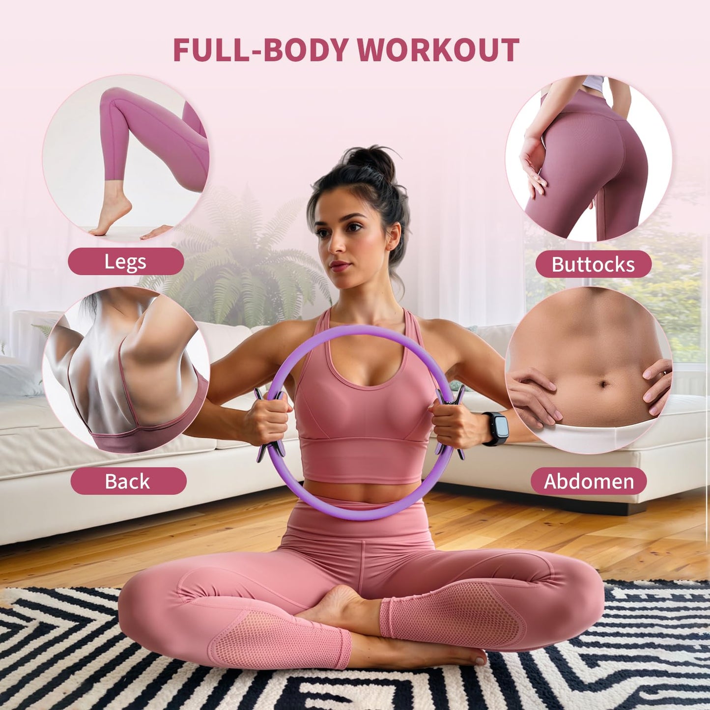 FITOUNOS Pilates Ring Set for Women, Home Workout Pilates Equipment with Resistance Bands, 14'' Magic Circle, Mini Ball, Pilates Starter Kit for Strength (Purple)