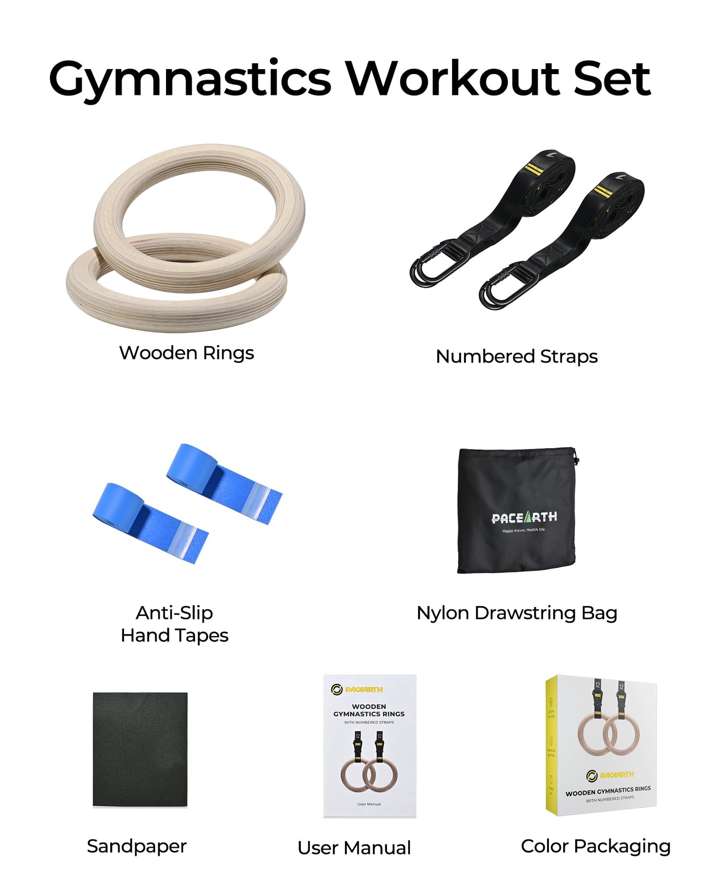 PACEARTH Gymnastics Rings 32mm Wooden Olympic Rings Support 1500lbs Locked Carabiners 9ft Double-Layer Numbered Straps Non-Slip Gym Rings for Home Gym Full Body Workout