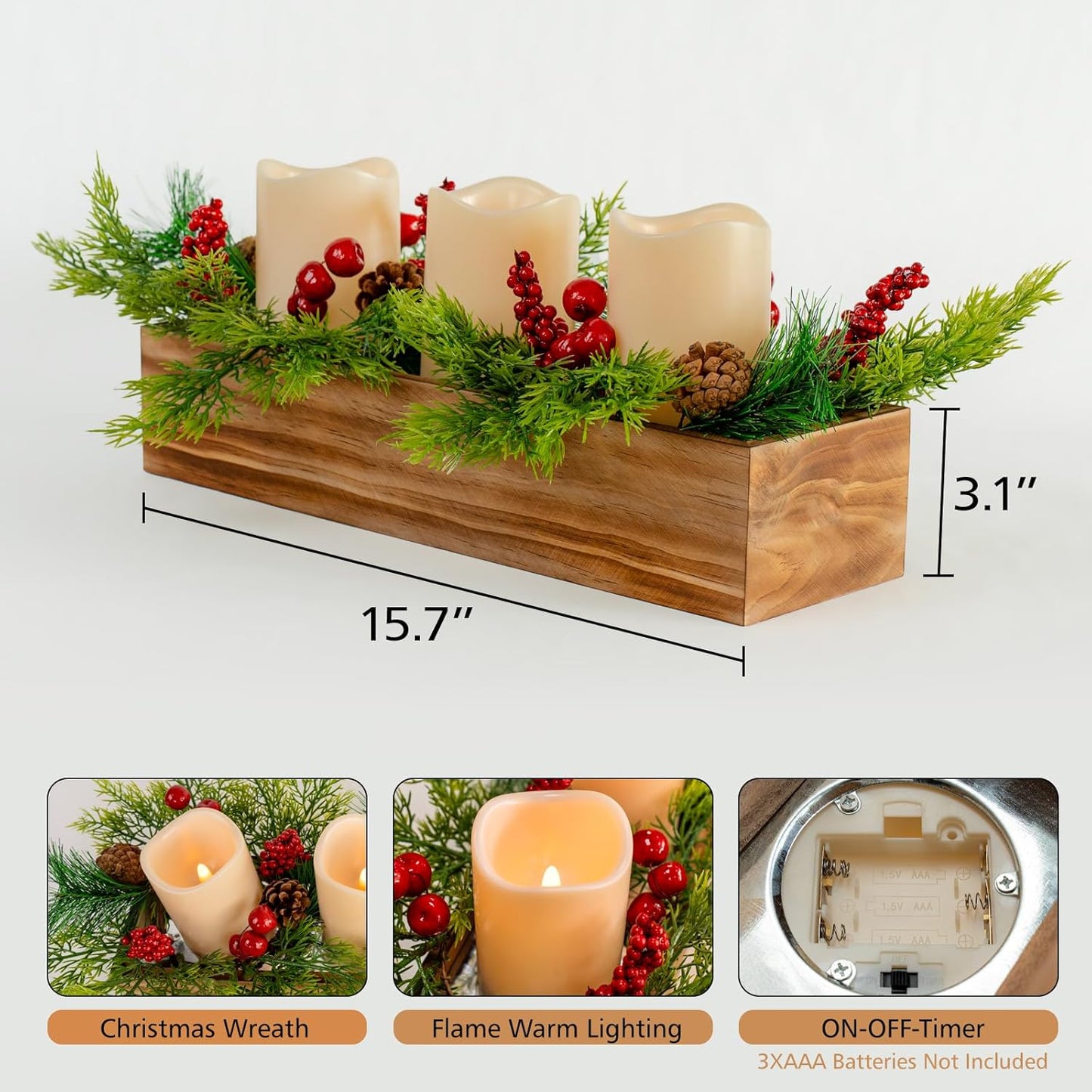 Regine Switzerland Christmas Table Centerpiece - 3 Flameless LED Candles with Pine Cones & Red Berries | Rustic Wood Holders for Holiday Dining & Xmas Party Decor
