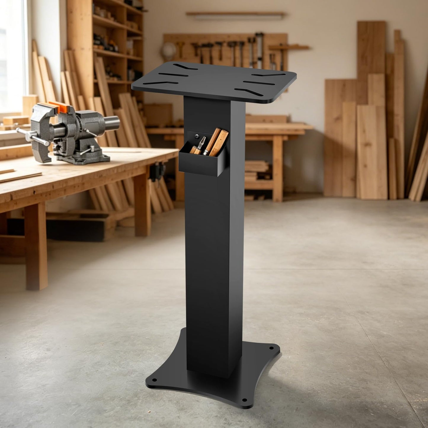 LMYYGOO Bench Grinder Stand, Heavy-Duty Floor Pedestal with 13.77" x 9.84" Mounting Plate, 32.67" Height, Pre-Cut Slots & Water Pot, Compatible with Bench Grinders, Vises, Drill Press and More