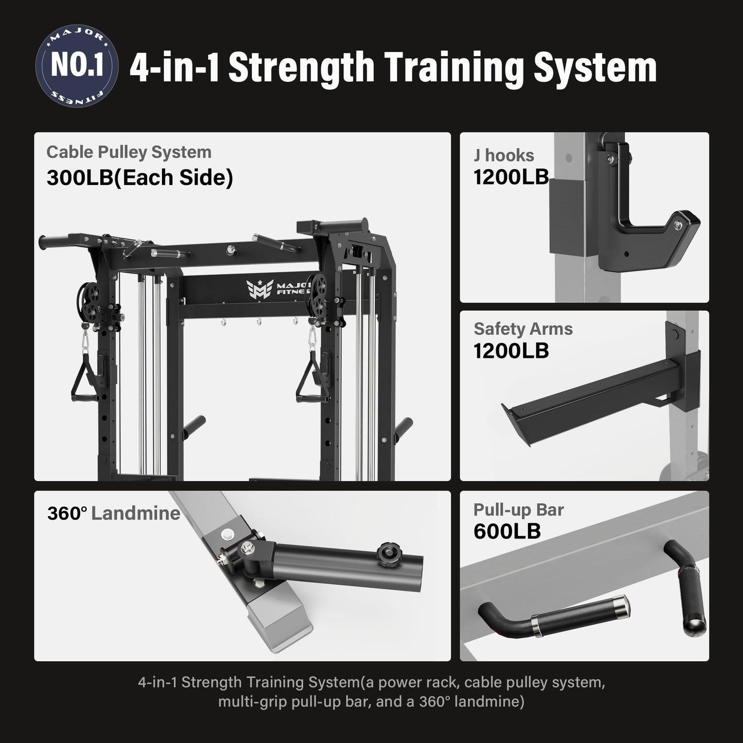 MAJOR FITNESS F22 Power Rack, 1600lbs All-in-One Squat Rack with Cable Crossover, Dual Pulley System, Heavy-Duty Steel Frame, Attachments & Storage for Home Gym Strength Training, Khaki