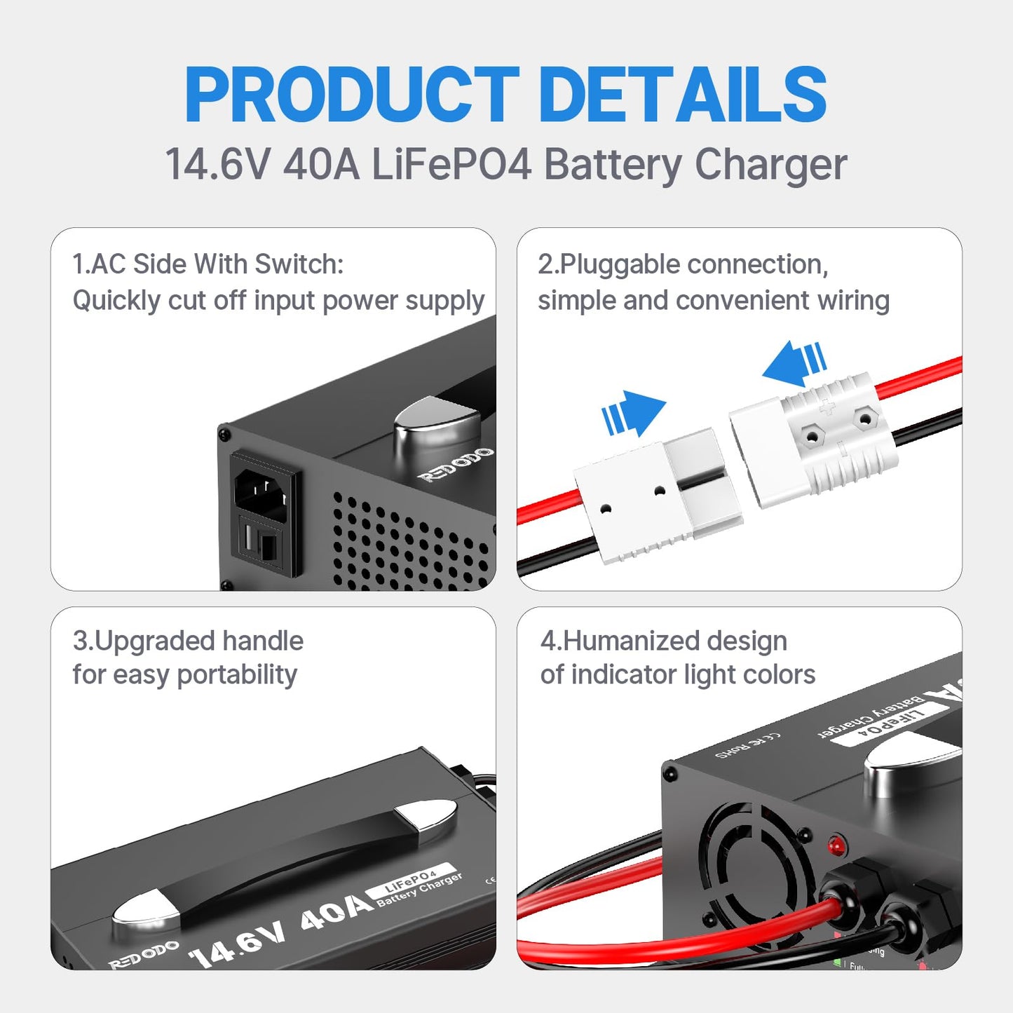 Redodo 14.6V 40A Lithium Battery Charger, Activate Battery, Fully Protected, Upgrade Handle, Intelligent LED Display,Sturdy Aluminum Casing, for 12V Lithium Batteries
