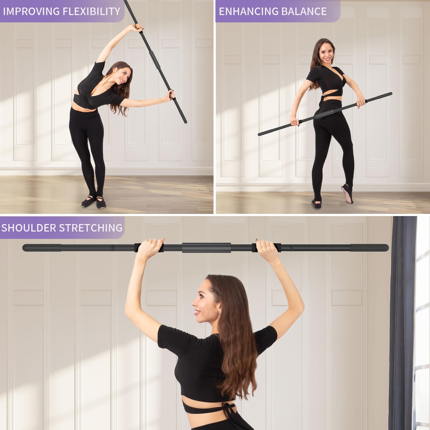 Scisum Yoga Stick 58 Inch Sturdy Alloy Steel - Adjustable Stick for Exercise, Stretching, Balance - Versatile Exercise Stick with Non-Slip Ends, Neck Cushion and Adjustable Grip Cushions