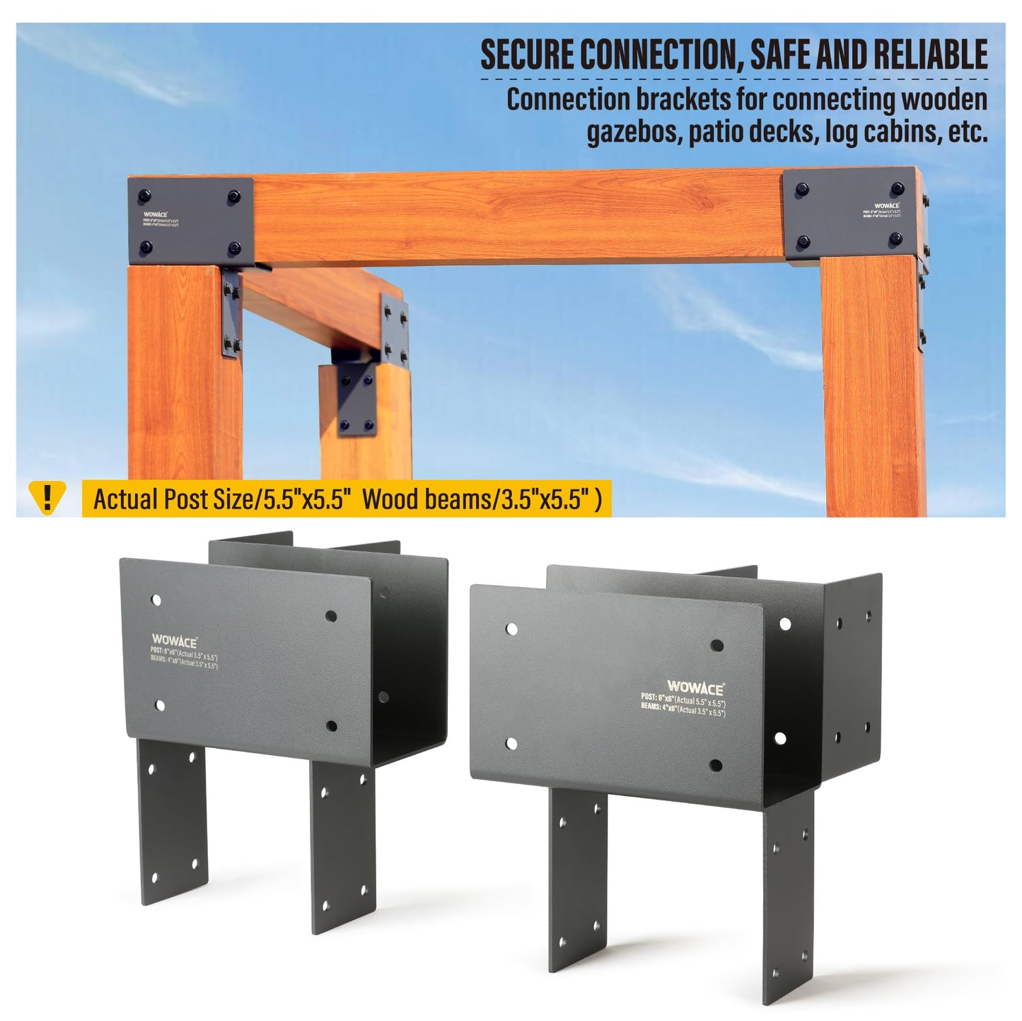 WOWACE 4 Pack 4x6 (Actual 3.5"x5.5") Heavy Duty Stainless Steel Pergola Brackets - Corner Post to Beam Connector for Gazebos, Patio Decks, Porches - Wood Post Cap Tie Bracket (Dark Gray)