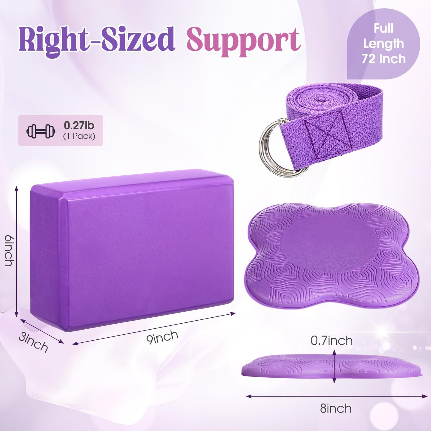 RoundFunny 5 Pcs Yoga Blocks Knee Pads Yoga Strap Set Soft Premium Foam Blocks Accessories for Pilates Meditation General Fitness Stability, Kneeling, Balance, Deepen Stretches and Toning(Purple)
