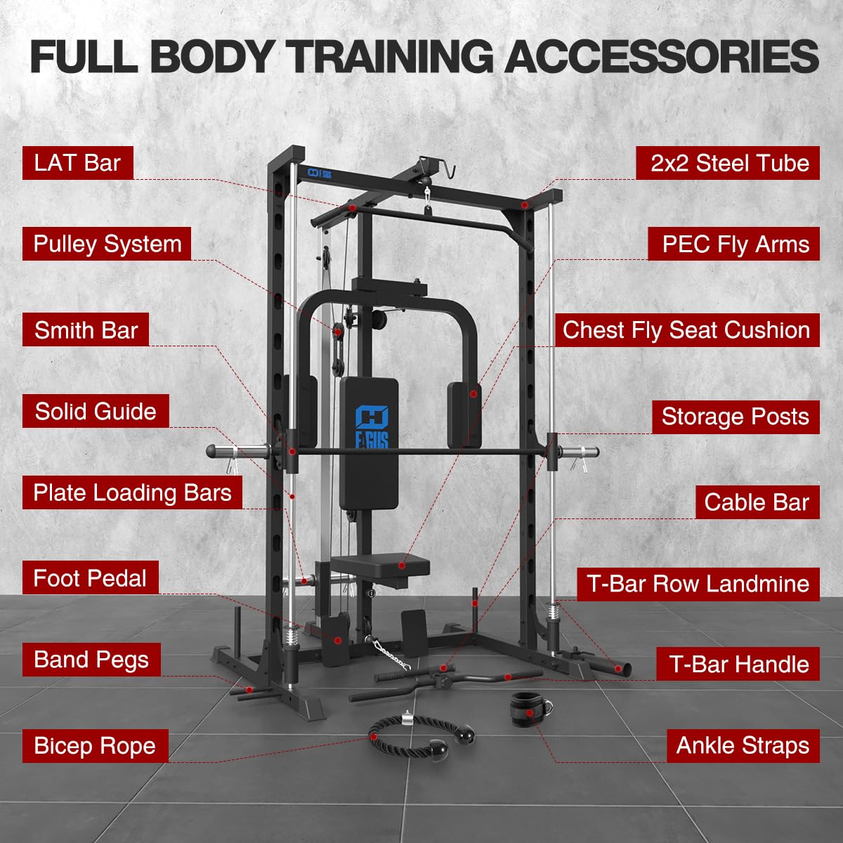 FAGUS Smith Machine Power Rack with Chest Fly Station & LAT-Pull Down System, Landmine, T-Bar Row Handle, Tricep Rope, Ankle Strap, Plate Storage Bars, Band Pegs and More Training Attachments, Black