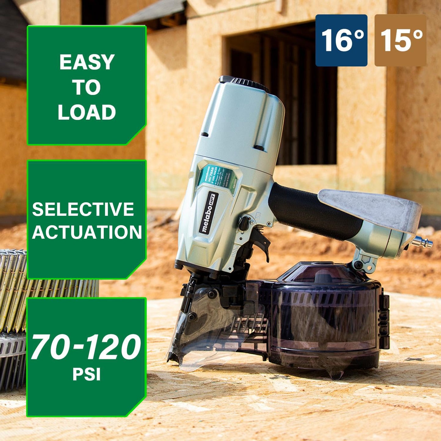 Metabo HPT Siding/Light Framing Coil Nailer, Pro-Preferred Pneumatic Power Nailers for Versatile Siding and Framing Tasks, Tool For 16° Wire 1-3/4"-3" and 15° Plastic to 1-3/4" - 2/14" Nails, NV75A5