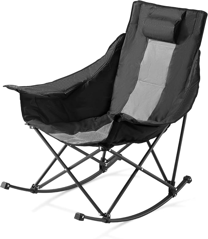 VEVOR Heated Camping Chair, 3 Heating Settings, Large-Sized Padded Folding Rocker, Heavy Duty Outdoor Lawn Chairs with Pocket & Cupholder, Support 225lbs, Portable Heated Chair for Sports Winter Use