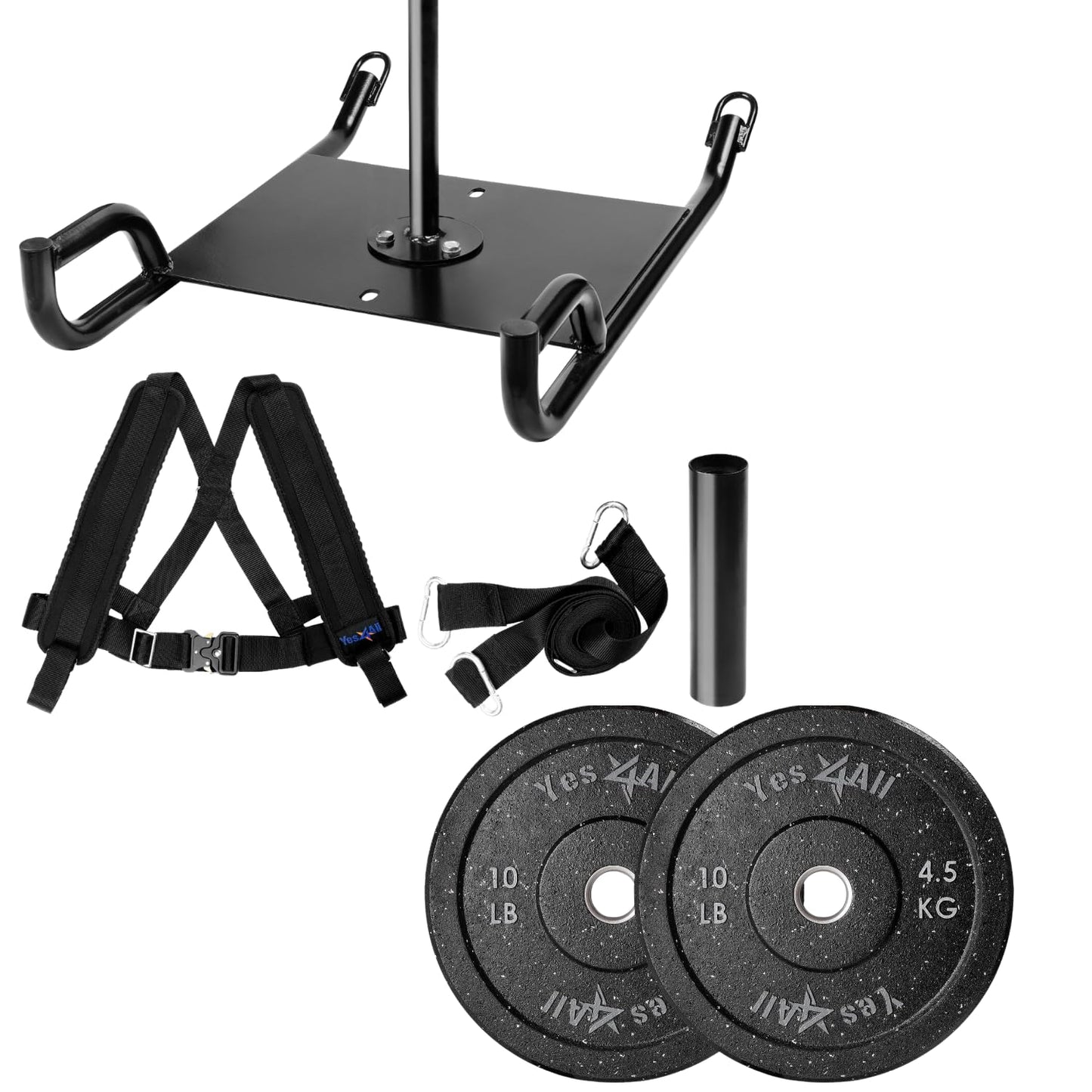 Yes4All Weighted Training Pull Sled with Vest, Steel Buckle, Fit for 1-2 Inch Plates, Sled Workout Equipment, Sport Power Sled for Athletic Exercise and Speed Improvement