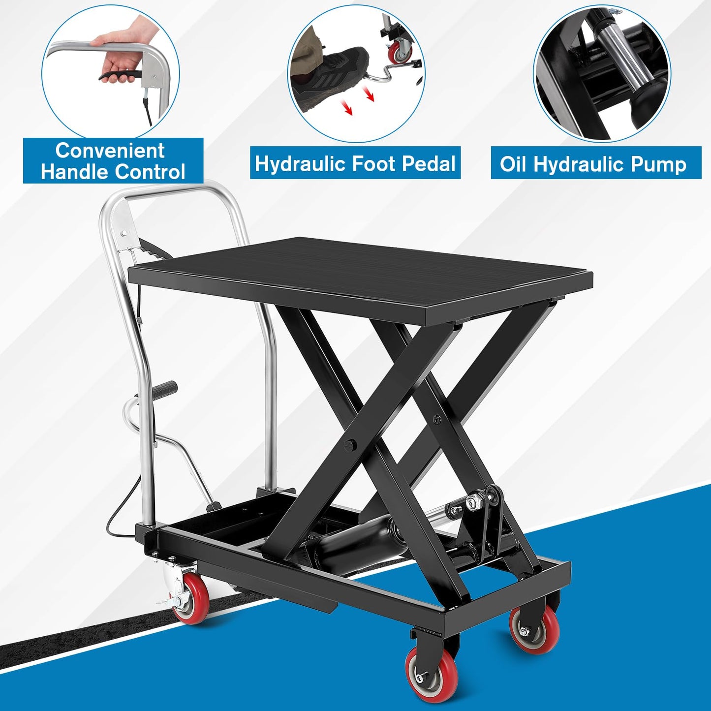 COZONY Heavy Duty Hydraulic Lift Table Cart – 330 lbs Capacity – Manual Single Scissor Platform – Adjustable Height 11-28.5 in – Non-Slip Platform – 4 Locking Wheels – For Workshop & Warehouse – Black