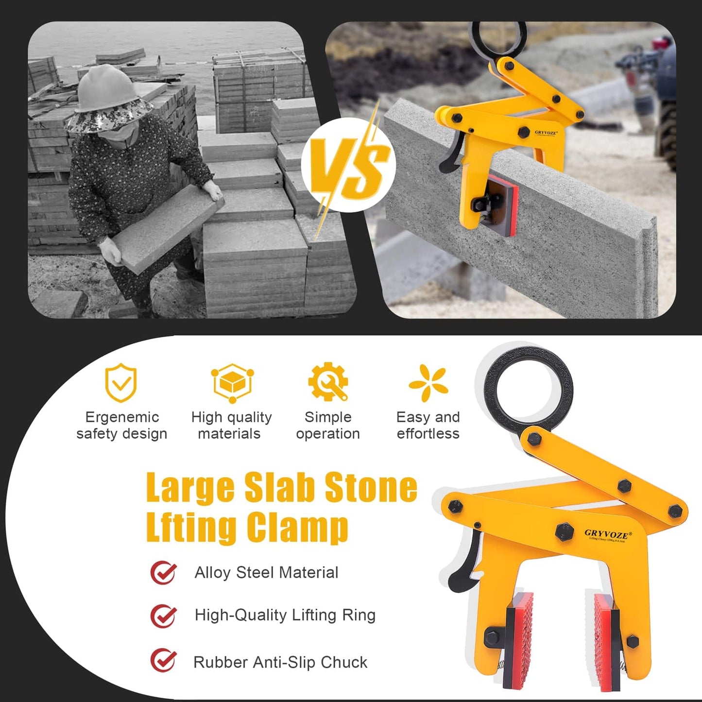 GRYVOZE 705 lbs Large Slab Stone Lfting Clamp, 0-2.6" A Shaped Granite Slab Lifting Clamp, Scissor Lifter Clamp, Stone Carry Clamps Slab Lifter for Marble, Granite, Concrete Slabs, Steel Pate