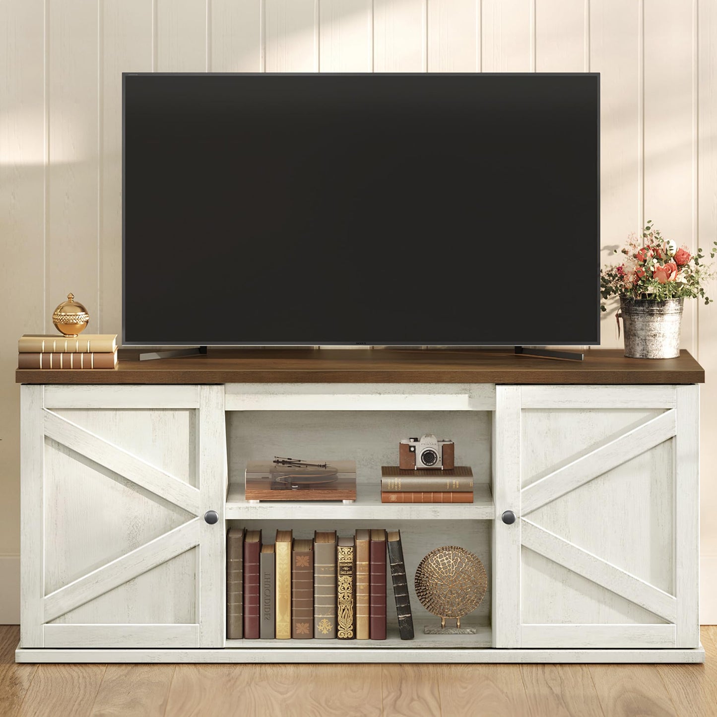 VASAGLE Farmhouse TV Stand for TVs up to 65 Inches, Entertainment Center with Storage Cabinets and Sliding Barn Doors, Media Console Table for Living Room, Rustic White and Honey Brown ULTV535W01
