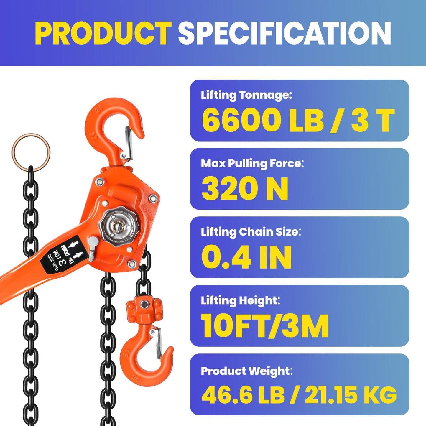Heavy Duty Chain Hoist, 6600lbs Capacity Come Along Tool, Hand Chain Hoist with Dual Pawl Brake for Warehouse, Factory & Construction (3Ton10FT)