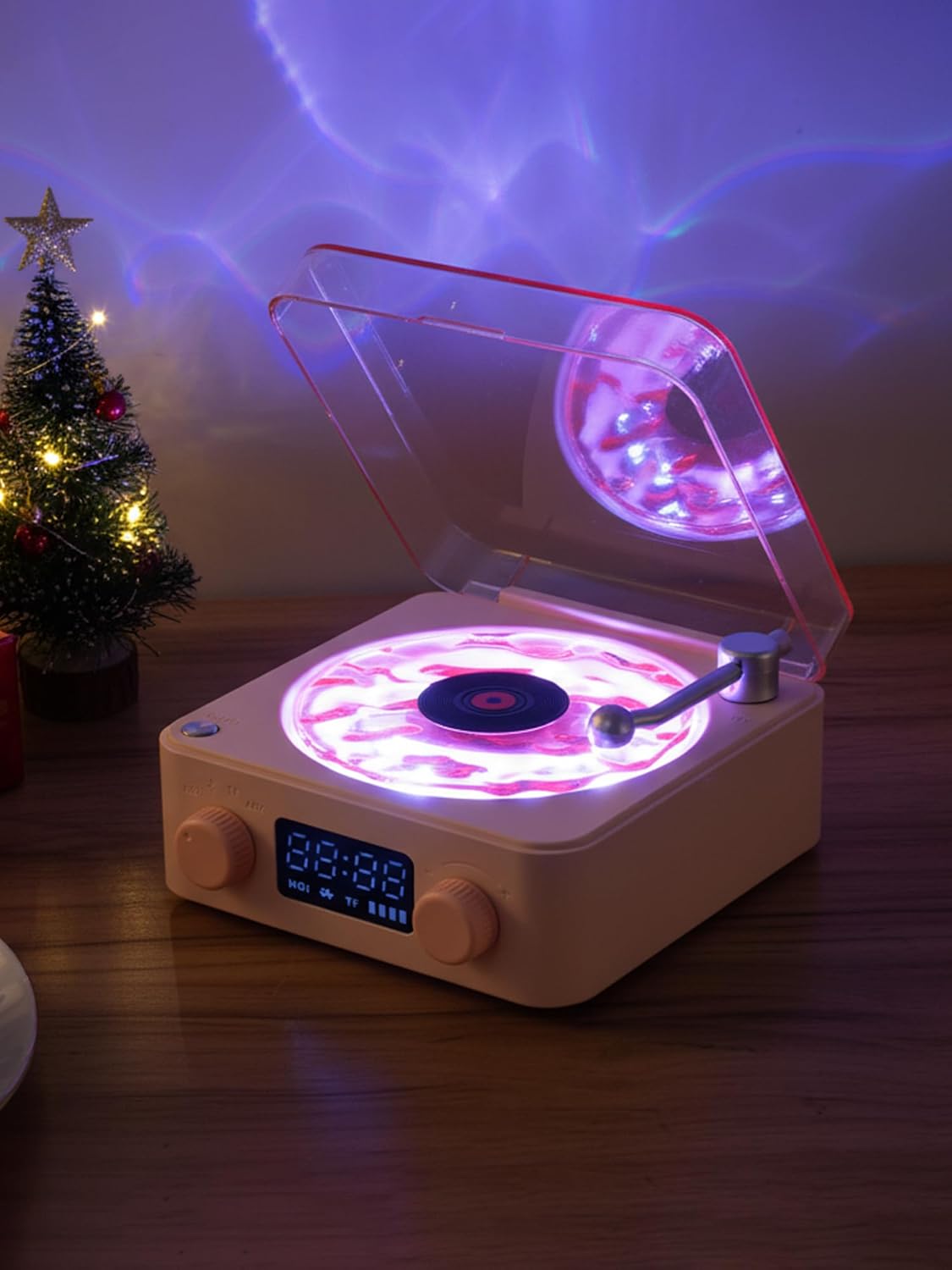 FAITIO Waves Vinyl Bluetooth Speaker Pink,Mini Record Player Style Speakers with Ocean Sound White Noise, Retro