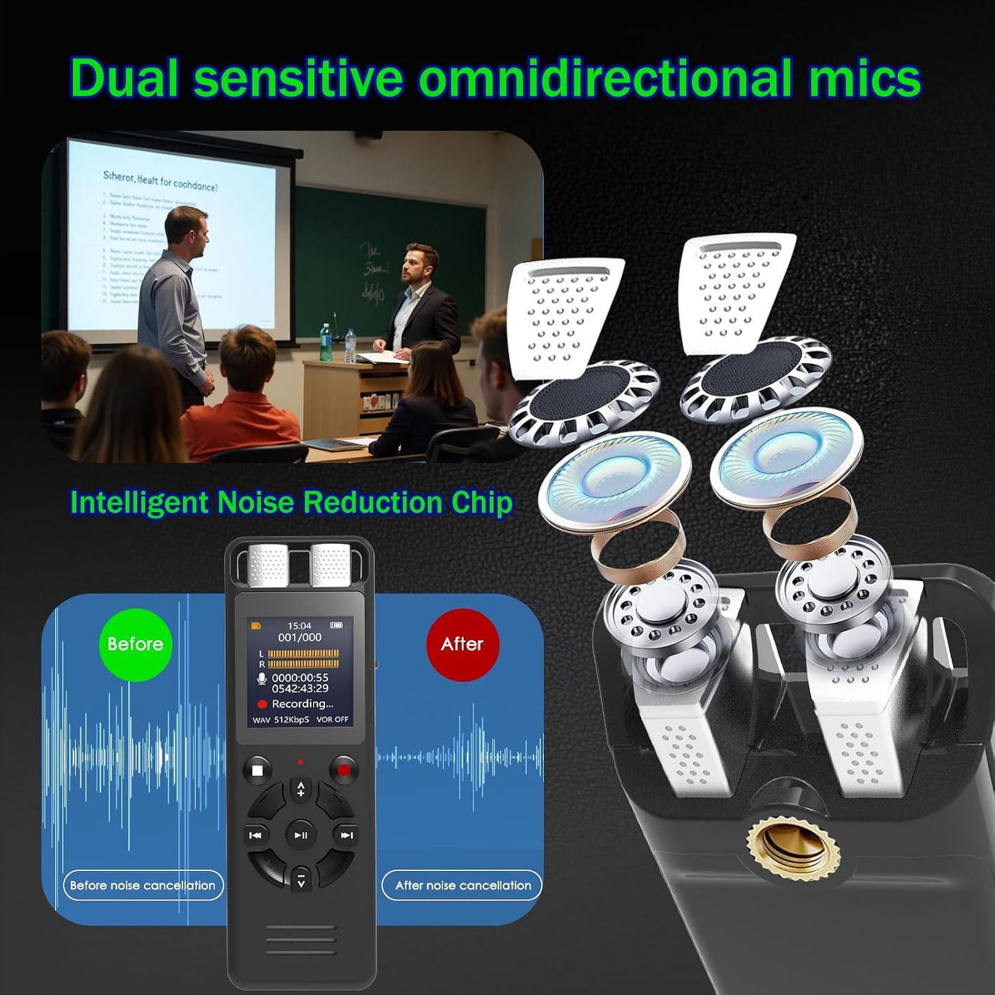 Aiworth 64GB OTG,4640 Playback,MP3 Digital Voice Activated Recorder for Lectures&Meetings,Phone Connected via Hours