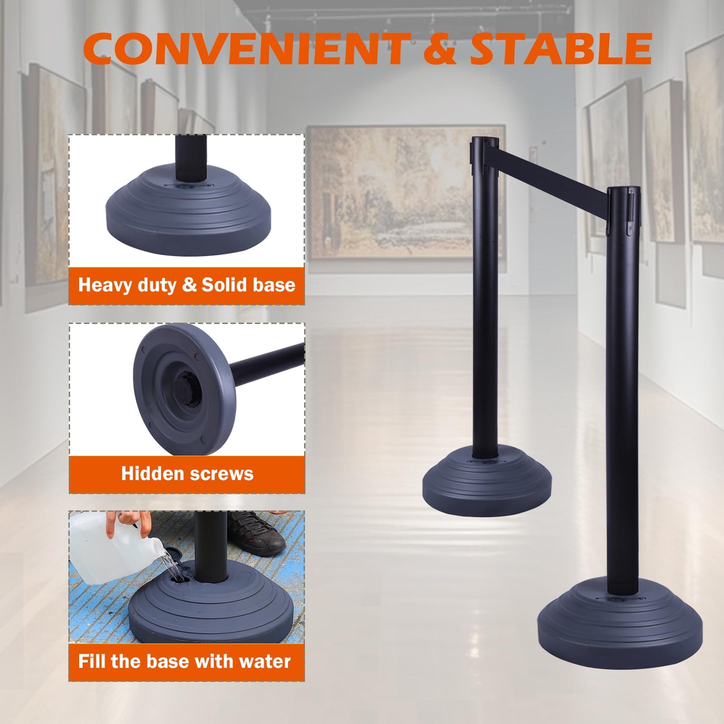 OranclUS 6 Pack Crowd Control Stanchions with 10FT Retractable Belt, Water Filled Base, Black Barrier Posts for Queue Management, Events, and Public Safety