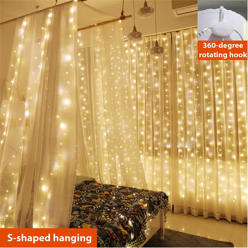 ZSJWL 300 LED Curtain Fairy Lights - Remote Control, 8 Modes, 9.8x9.8 Ft, Warm White Twinkle Lights for Bedroom & Events