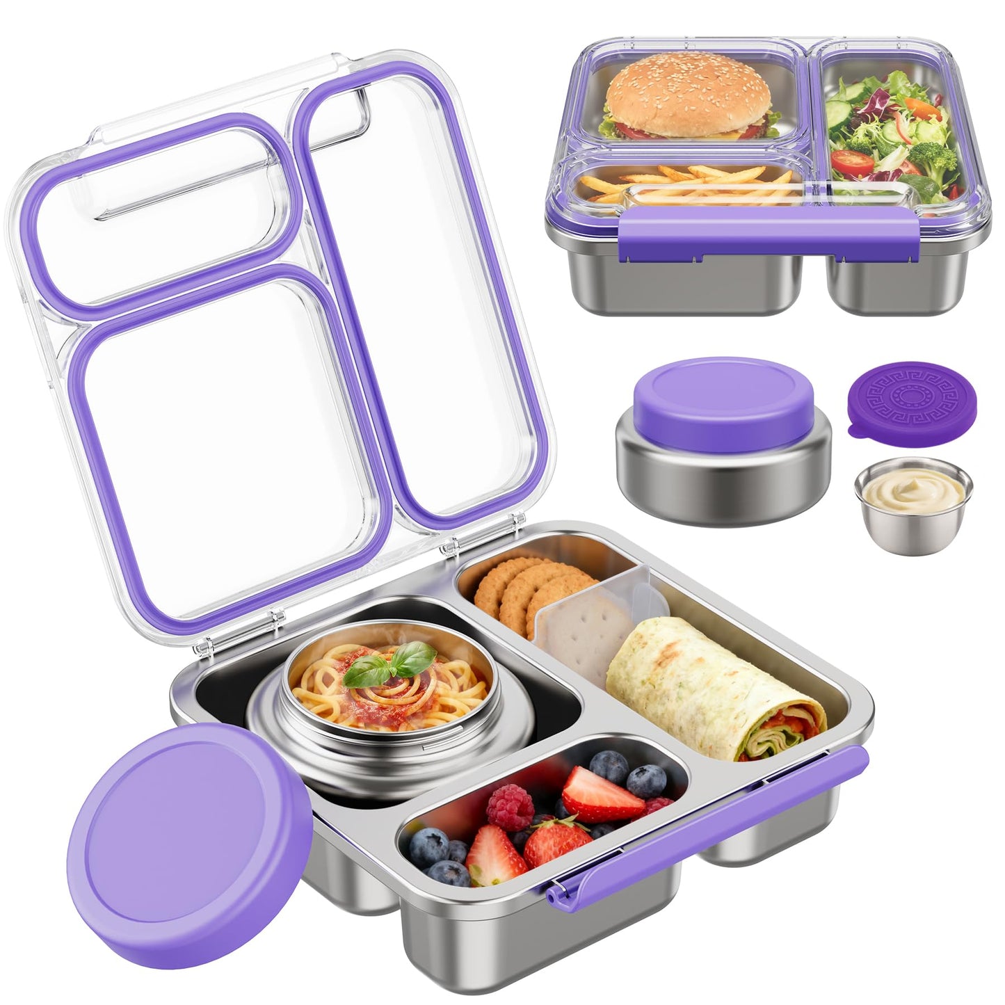 Pawtong Stainless Steel Bento Box Kids Adult with 7oz Insulated Food Jar, Transparent Lid Metal Lunch Box With Soup Thermal Jar, Lunch Box Container with Removable Divider & Sauce Cup School (Purple)