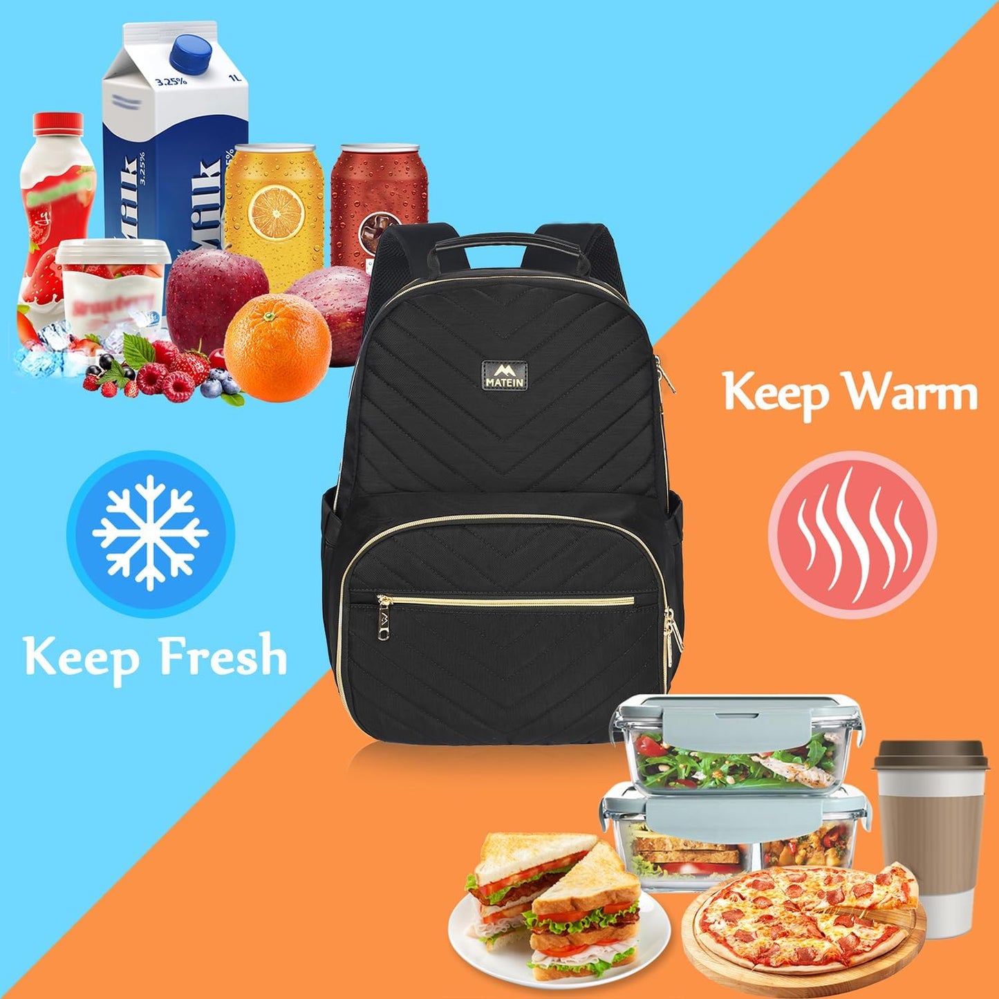 Backpack Backpack Pack 15.6 Inch Commuting, MATEIN Work with Lunch Compartment, Insulated Quilted Lunch for Women