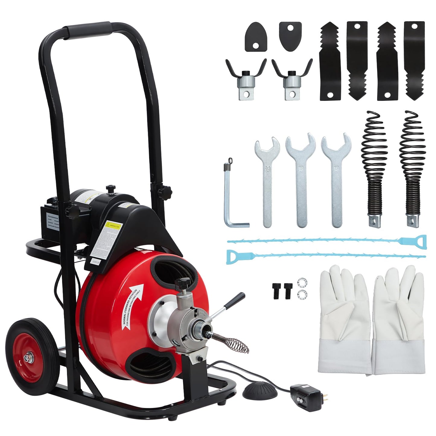 GarveeTech Auto Feed 100 ft x 3/8 in Drain Cleaner Machine with 250W Motor, Portable Sewer Snake Auger with 8 Cutters & Air-Activated Foot Switch, Fits 1 in to 4 in Pipes, Black & Red
