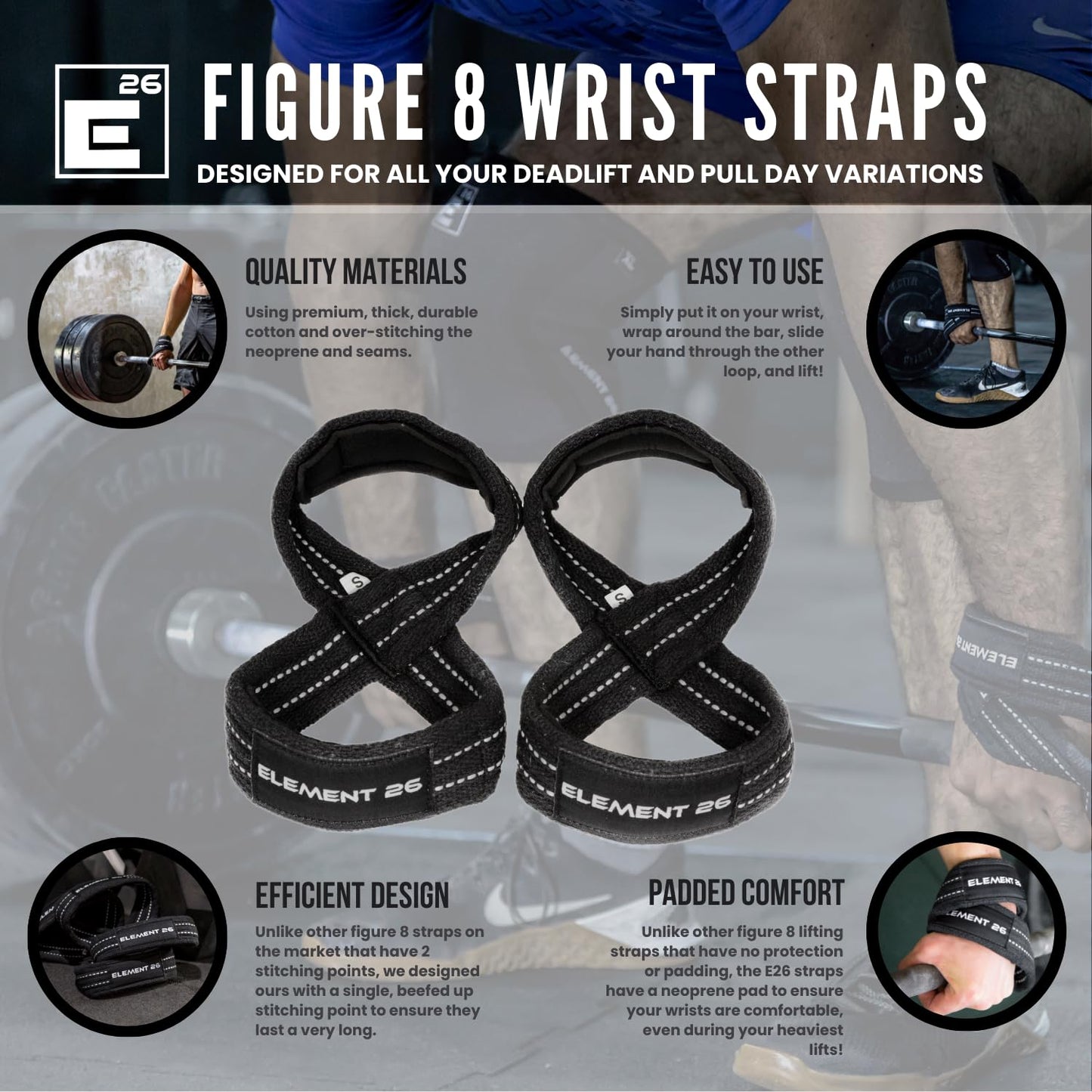 Padded Figure 8 Wrist Straps - Weightlifting Straps - Functional Fitness, Weight Lifting, Deadlifts, Farmer Walks (Medium, Black)
