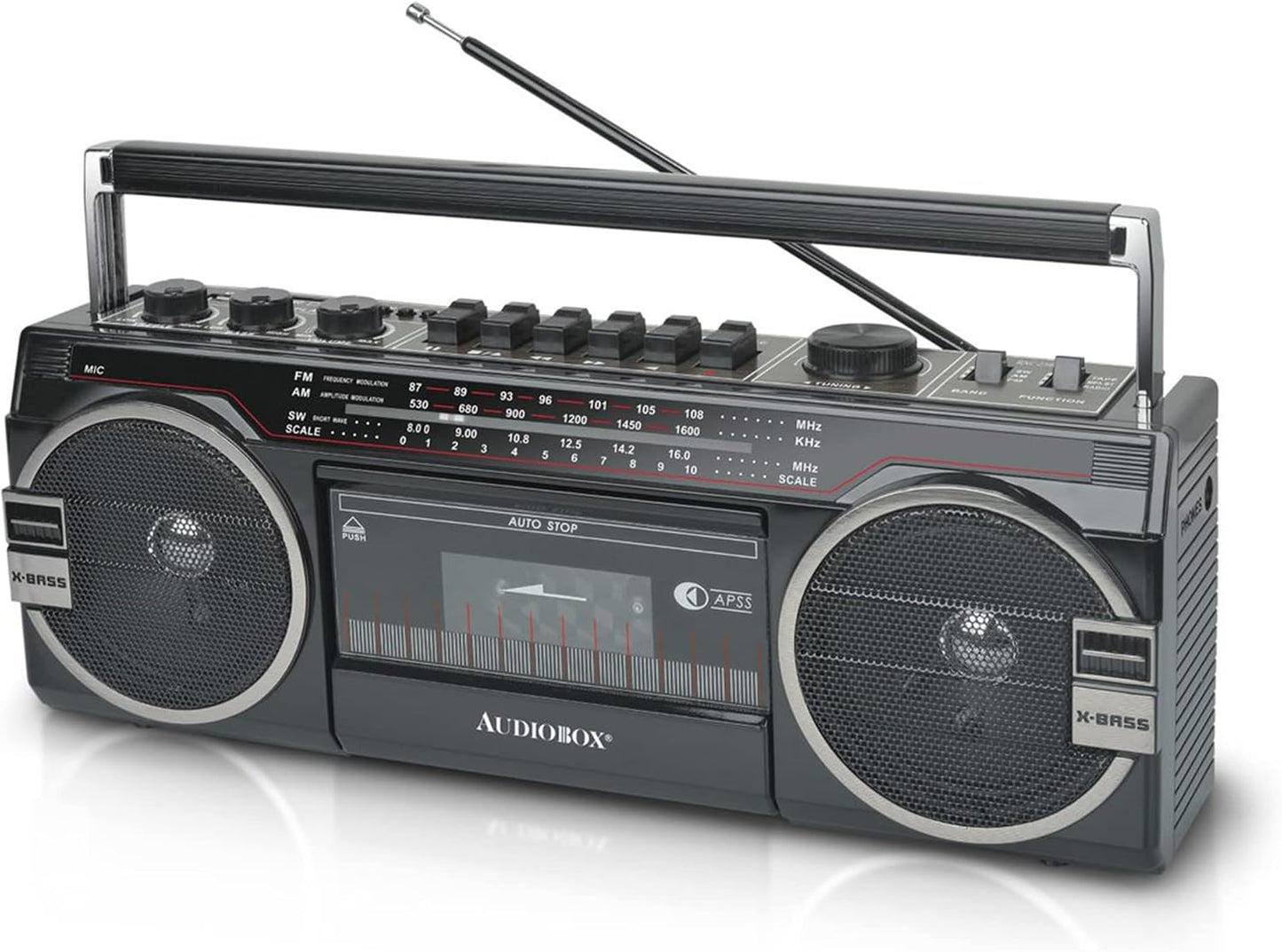 Audiobox 2 MP3 Cassette 3.5mm Retrobox Bluetooth Boombox Speaker - Way Boombox System with AM/FM/SW Radio, Playback