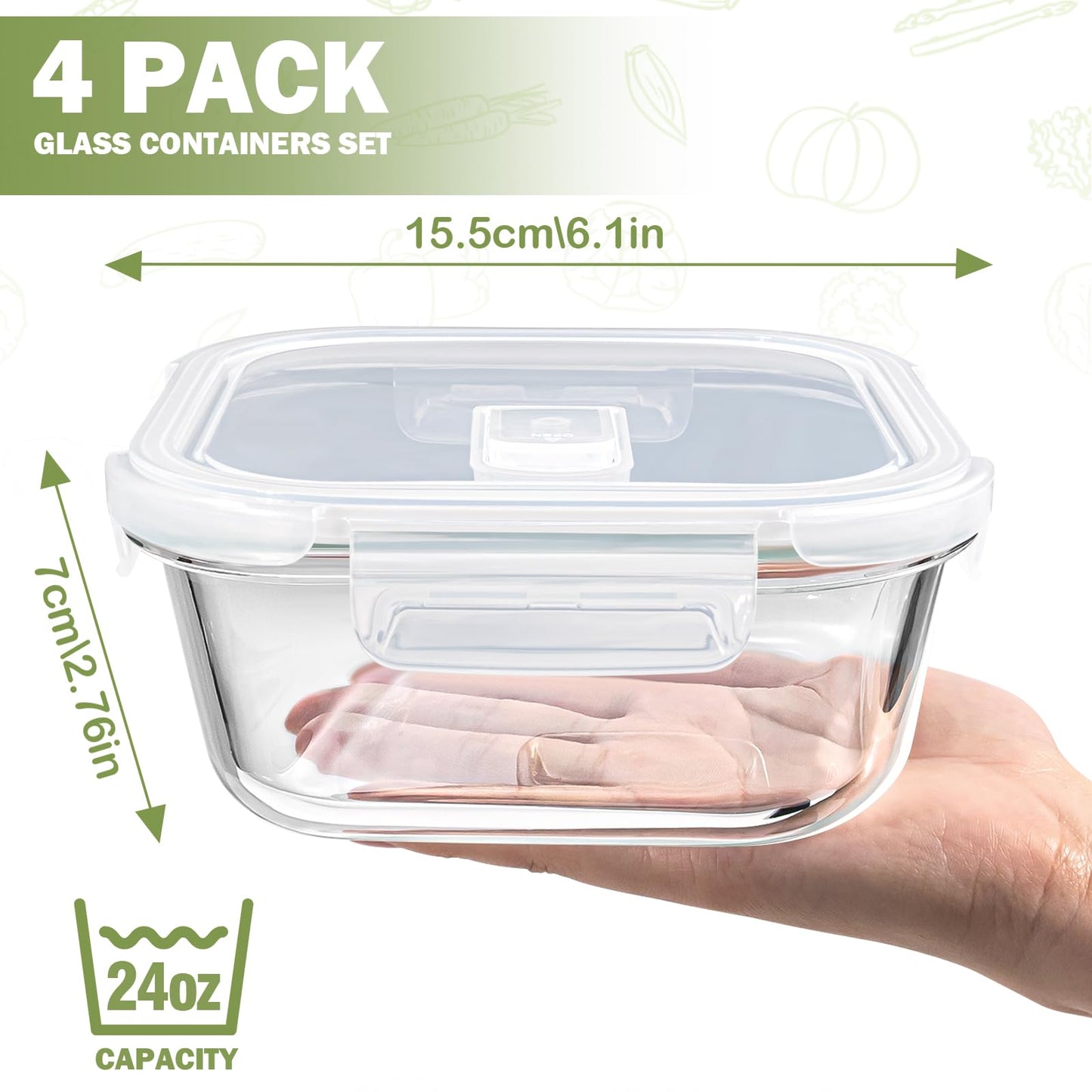 Susukkie Square Glass Containers with Lids 24oz - Borosilicate Glass Food Storage Set 3 Cup, Freezer Safe Meal Prep Containers, Sandwich Lunch Box, Yogurt Cereal Bowls with Vented Lids BPA Free 4 Pack