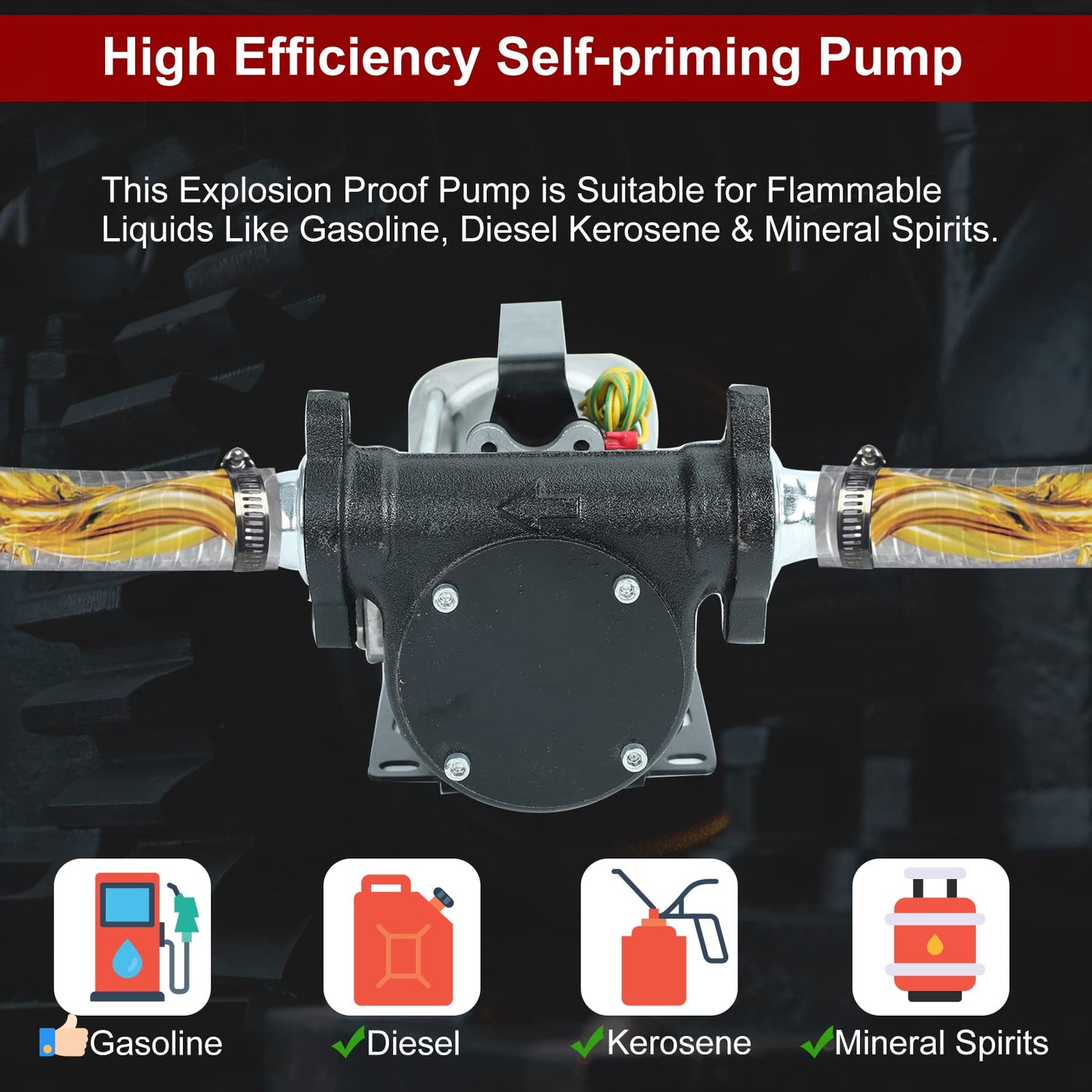 BLACKHORSE-RACING 12V DC Gasoline Fuel Transfer Pump, 15 GPM / 57 LPM Self-Priming Rotary Vane Motor Fuel Pump, Thermal Protected, for Gasoline Diesel Kerosene Mineral Spirits