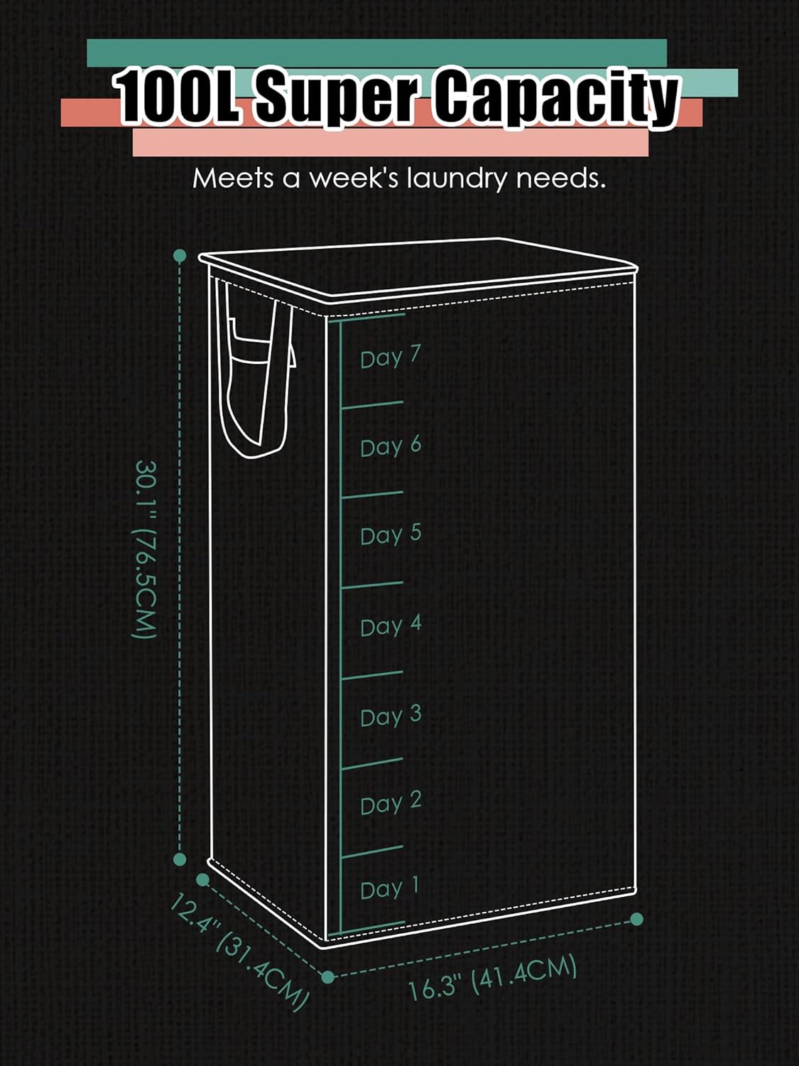 WTREE Laundry Hamper - Large 100L Collapsible Clothes Basket with Lid & Removable Liner - Grey