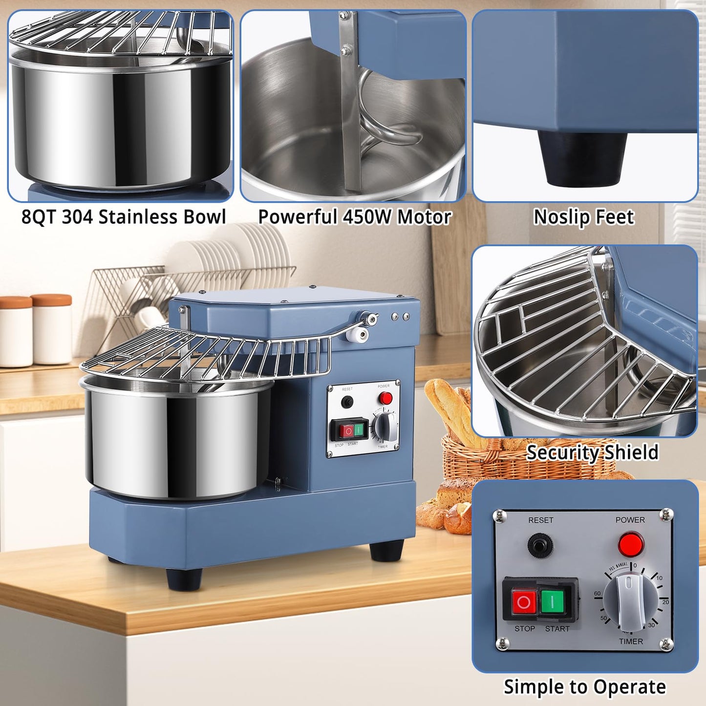 Commercial Dough Mixer, Garvee 8 QT Food Mixer 450W Dual Rotating Dough Kneading Machine with Stainless Steel Bowl, Stand Mixer with Safety Shield, 110V for Restaurant, Bakeries, Pizzeria