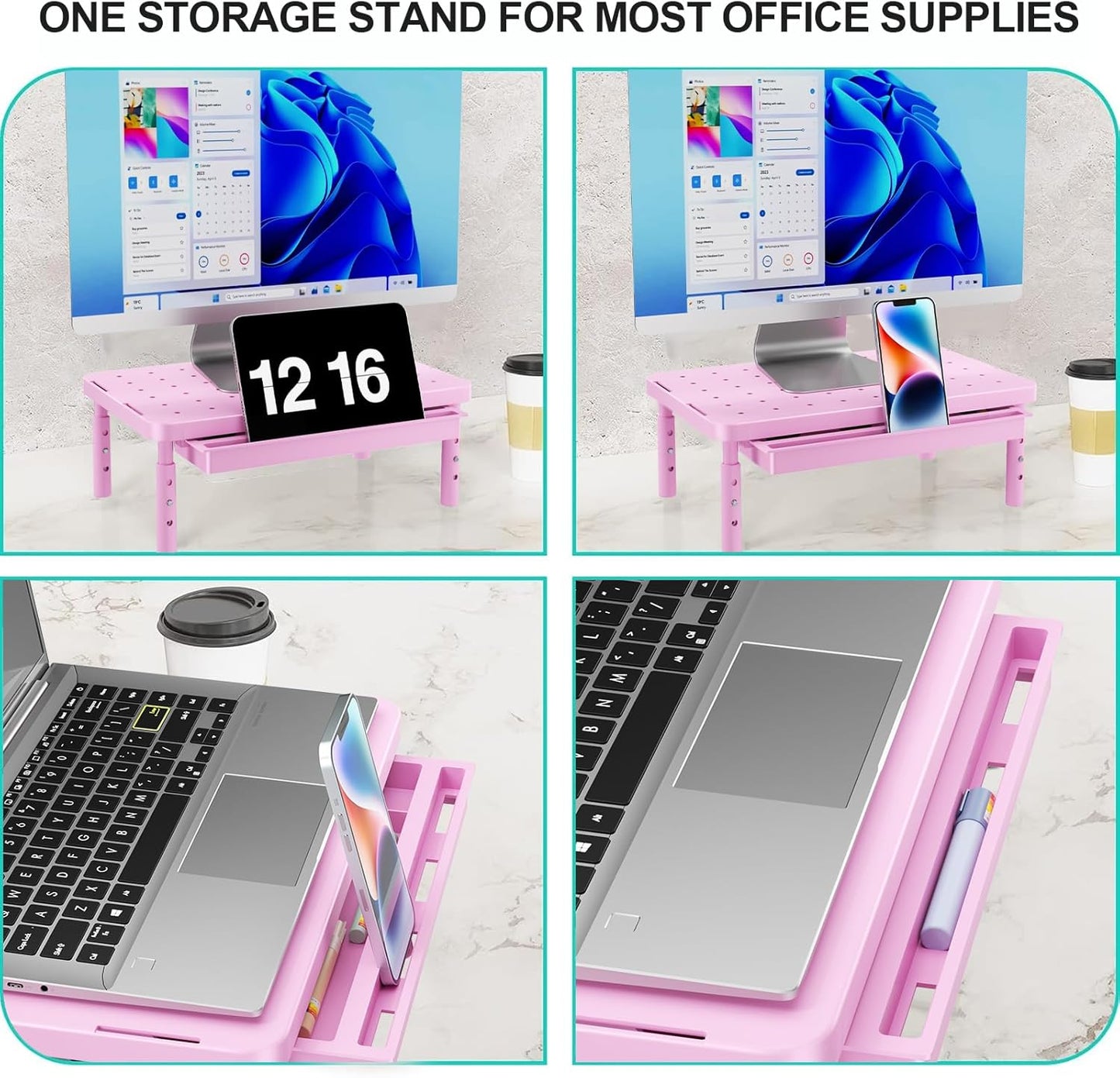 3 (PTT002-P), 1 Pack, WALI Computer Monitor Stand with Storage, Desk Monitor Riser Height Adjustable, Laptop Riser