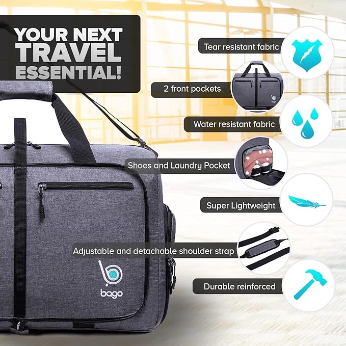 Bago Foldable Duffel Bags for Traveling Women & Men - 40L Sports Packable Duffle Bag for Travel with Shoe Compartment - Water Repellant, Heavy Duty, Lightweight Folding & Collapsible (SnowBlack)