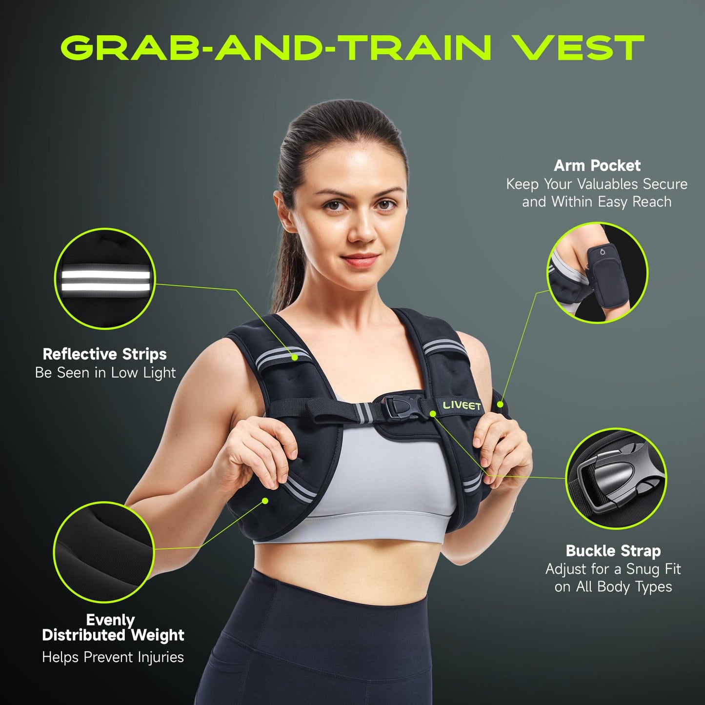 Liveet Weighted Vest, Weighted Vest for Women Men, 10lb Weight Vest with Pocket Reflective Strips Adjustable Buckle Straps SGS Certified Weight Vest for Walking Running Strength Training Cardio Workout