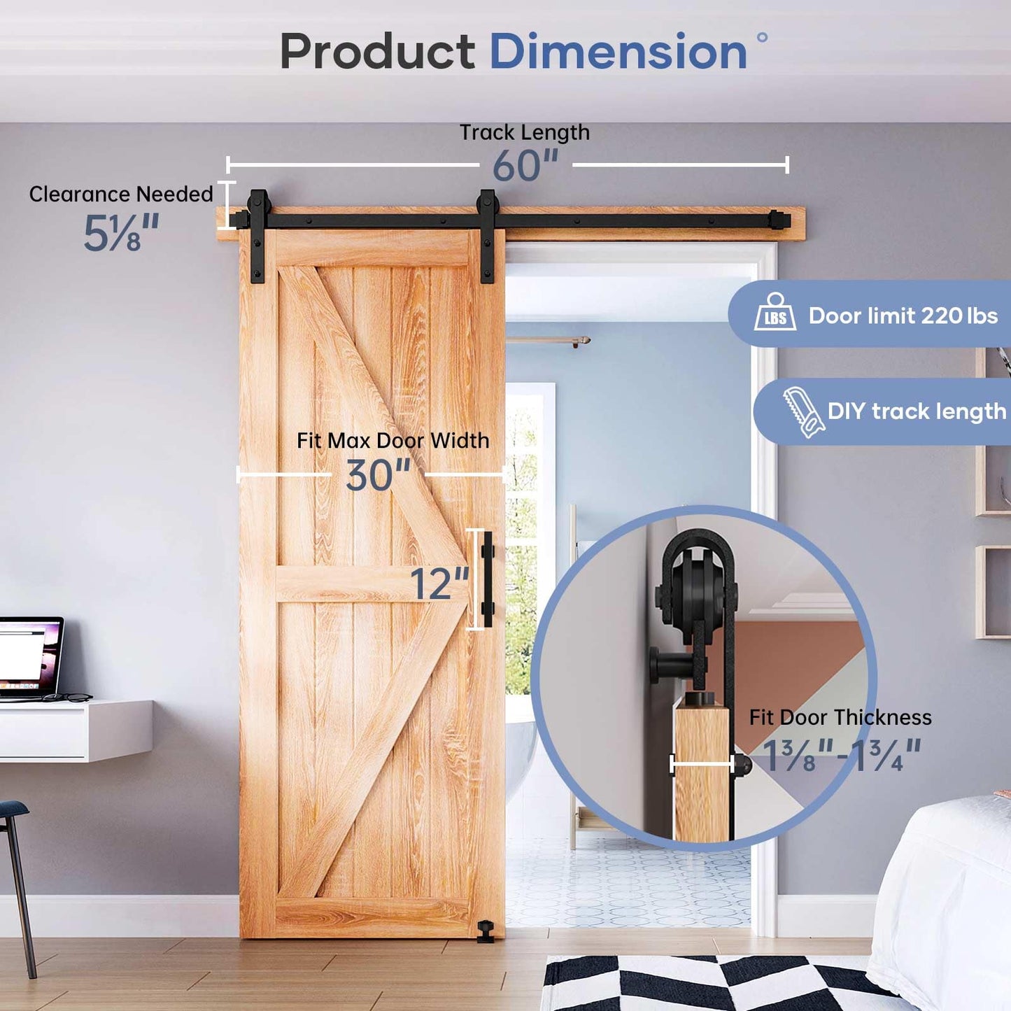 EaseLife 5 FT Sliding Barn Door Track and Handle Hardware Kit,Basic J Pulley,Slide Smoothly Quietly,Easy Install (5FT Track Kit for 24"~30" Wide Single Door)