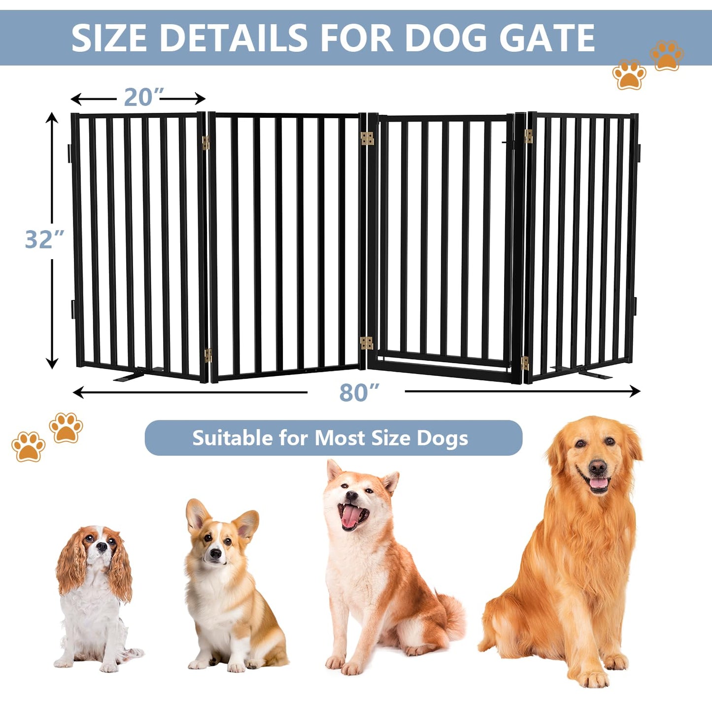 Lezbanz Full Metal Freestanding Dog Gates with Door, 32" Height Dog Fences for Indoor & Outdoor, Extra Wide Foldable Pet Gates for Stairs, Hallways, Doorways, Yard (4 Panels, 80" W × 32" H)