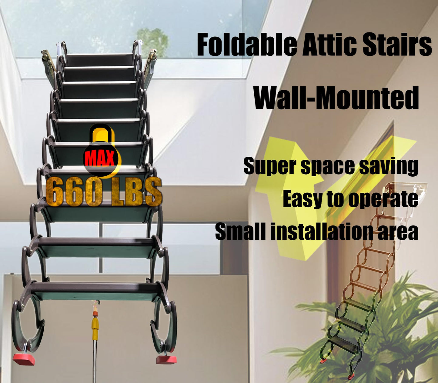 IntXanth Attic Loft Ladder-Foldable Attic Stairs Wall Mounted, 10+2 Steps, Pull Down Ladders 8.2-9.8 FT, Aluminum Attic Ladder with Armrests, Wall Telescopic Scissor Ladders Chocolate