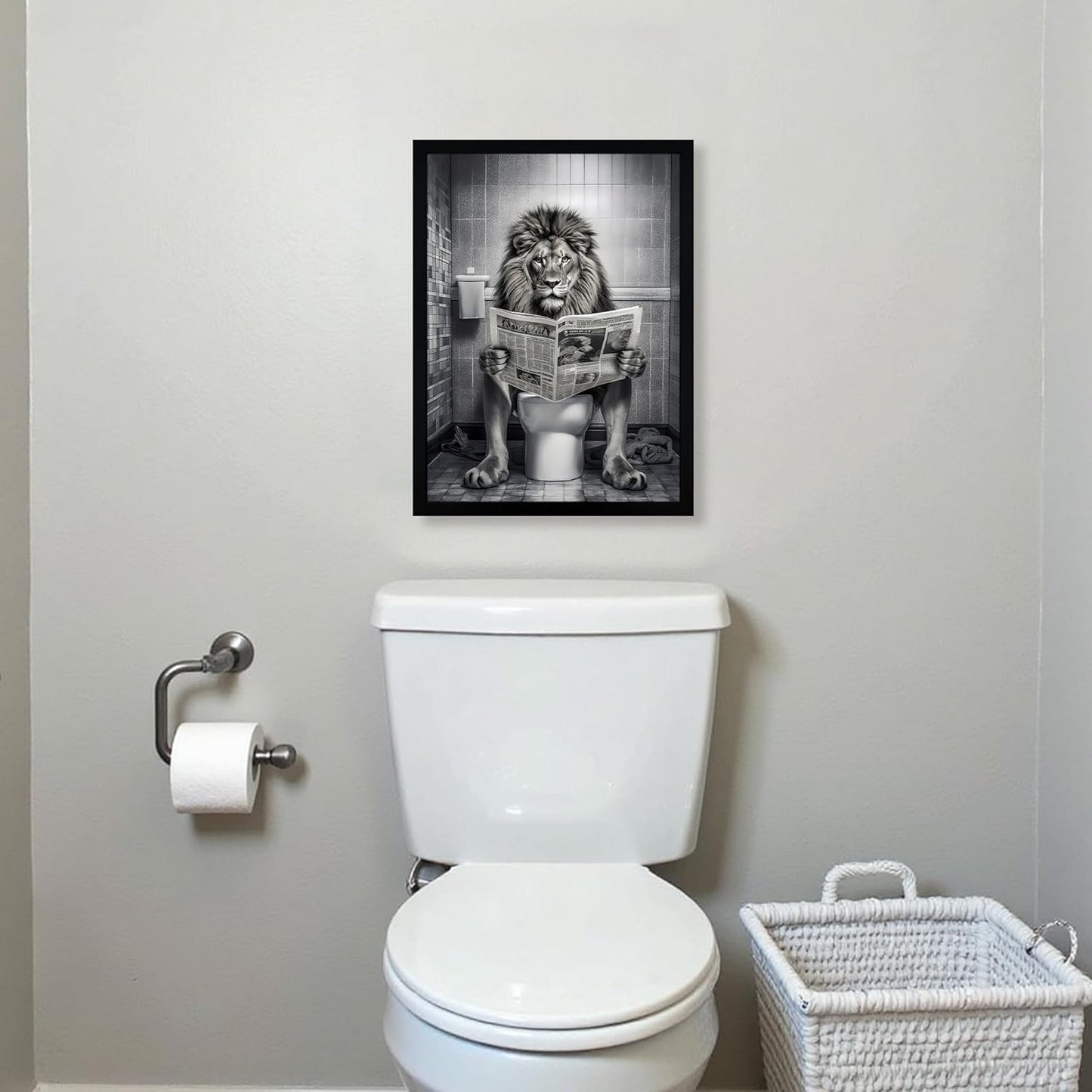 URMOYA Majesty Lion Bathroom Wall Art - Funny Black and White Canvas Decor | 12x16 Inch Framed Print