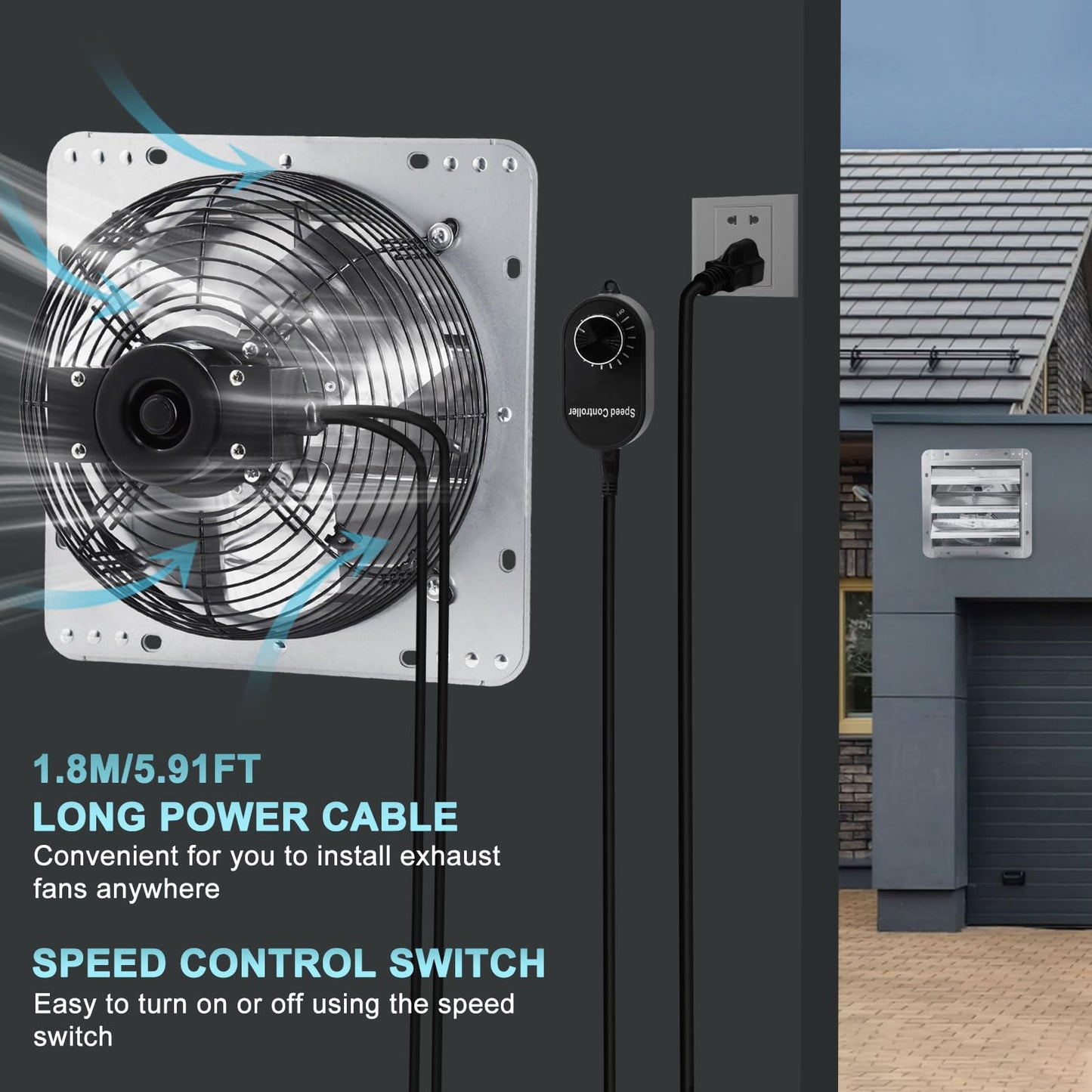 Criditpid 10 Inch Shutter Exhaust Fan with Speed Controller and Power Cord, 820 CFM 1650 RPM Wall Mounted Metal Exhaust Fan for Attic, Greenhouse, Garages, Barn, Workshop, Chicken Coop Ventilation