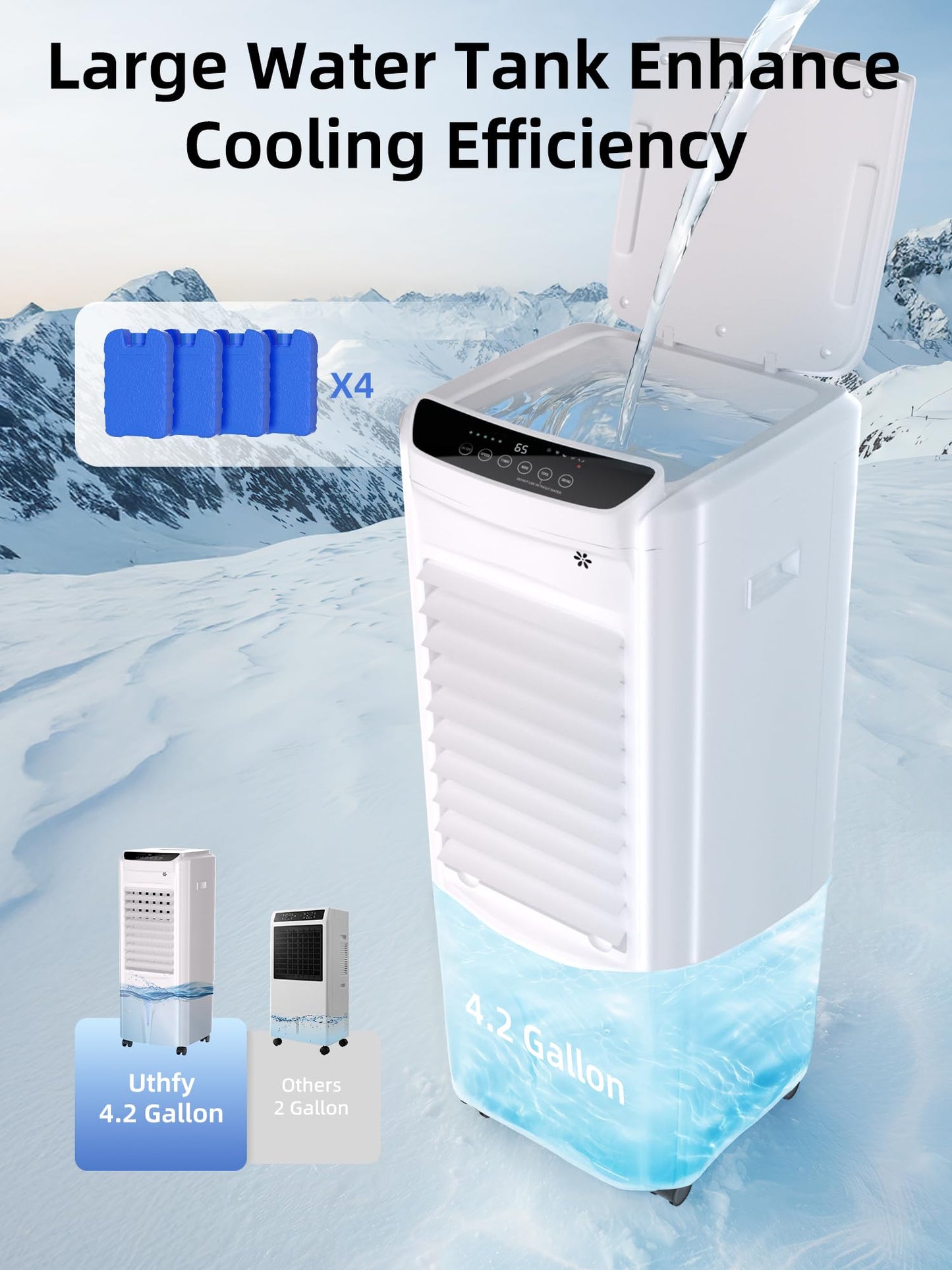 Uthfy 32" Evaporative Air Cooler with 4 Ice Packs, 4 Modes & 3 Speeds, Swamp Cooler with 4.2 Gal Water Tank, 120° Oscillation, 12H Timer, Remote, White, Portable Air Conditioner for Bedroom, Office