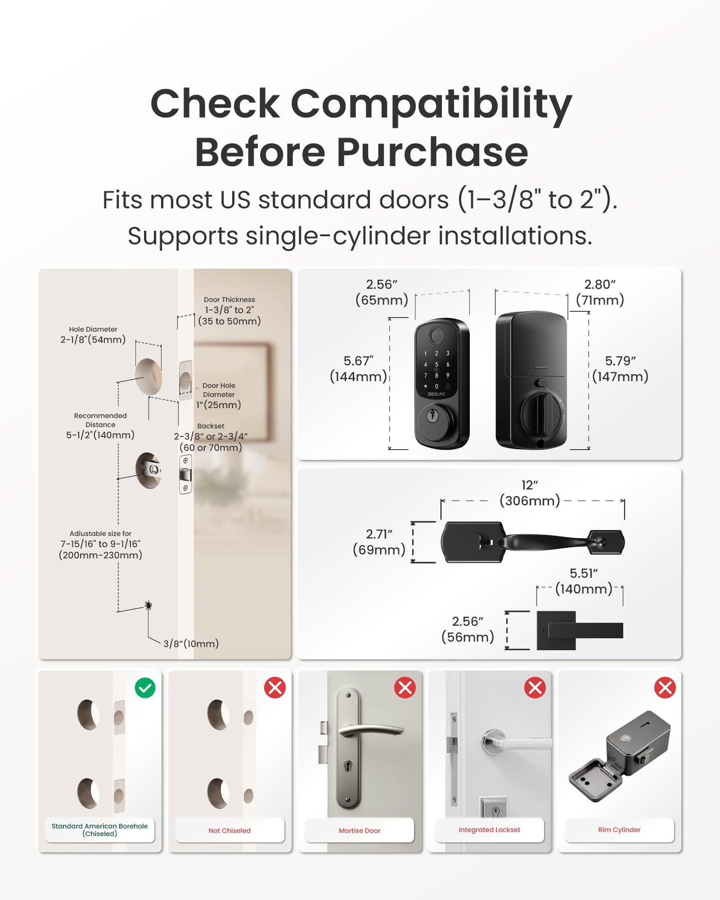 DESLOC B200 Keyless Entry Door Lock with Handle Set, Smart Locks for Front Door, Deadbolt Smart Lock, Front Door Locks Set, Electronic keypad Deadbolt with Handle, 12 Months Battery, IP54