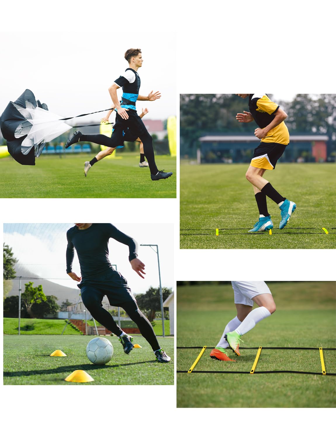 GHB Agility Ladder,Football Training Equipment Set,4 Agility Hurdles, 20 feet12 Rungs Speed Ladder,12 Disc Cones,Resistance Parachute, Jump Rope, 4 Resistance Bands (Yellow)
